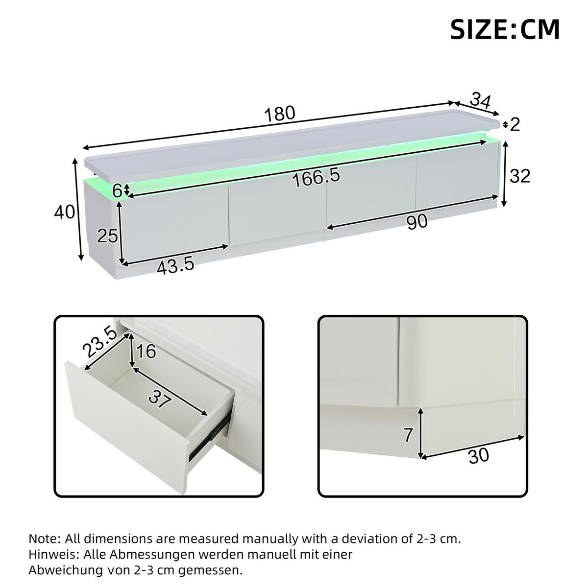 LOWBOARD 180/34/40 cm in Weiß aus Spanplatte mit LED-Beleuchtung und 4 Schubladen - Weiß, Holzwerkstoff (34/40/180cm) - OKMYHOME