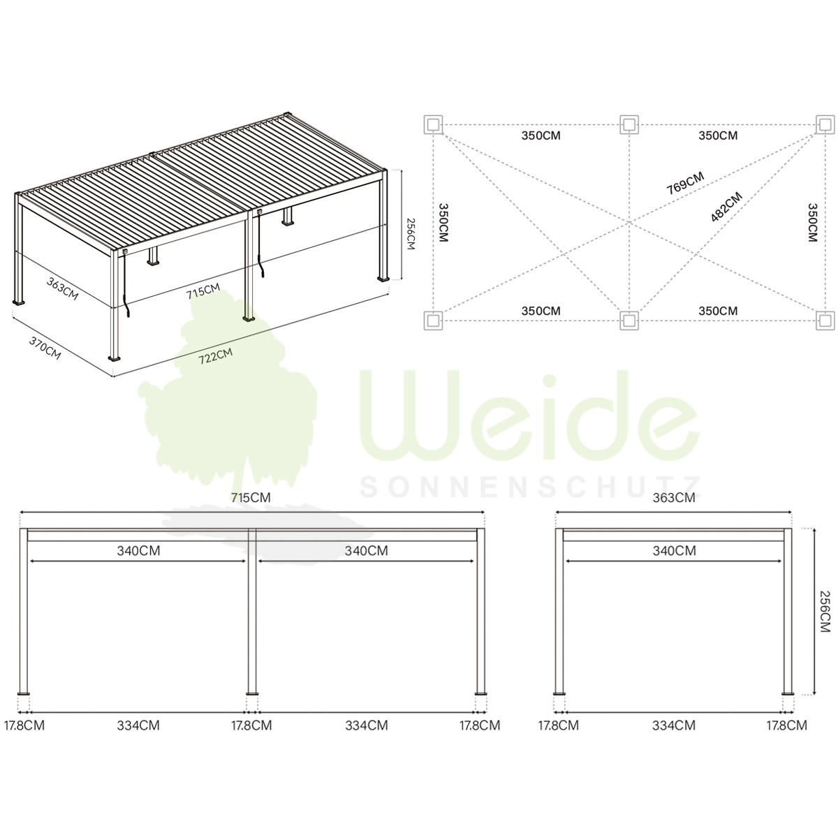 PERGOLA Deluxe Elektrisch Pavillon Terrassenüberdachung Aluminium LED 3,6 x 7,2 m - Anthrazit, Metall (360/255/720cm) - WEIDE