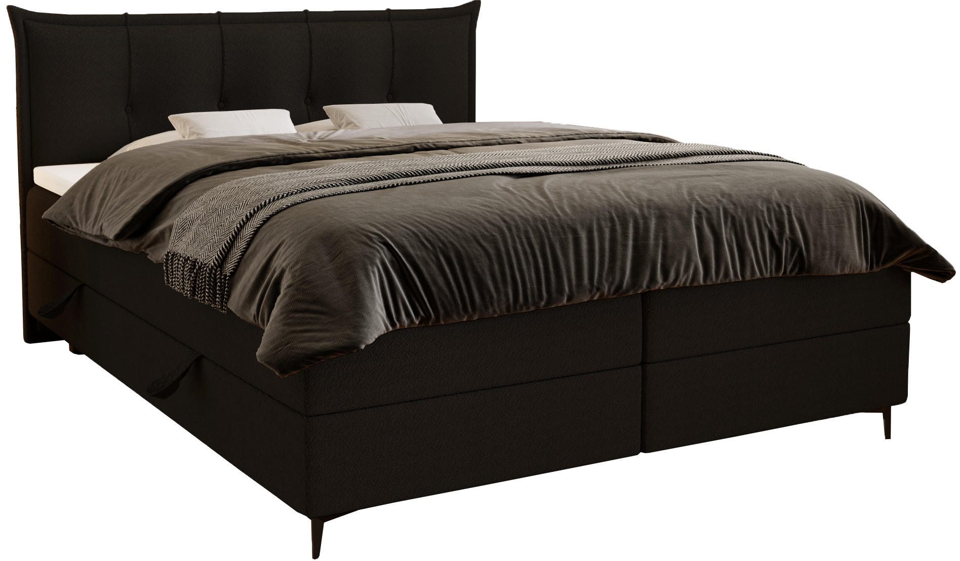 BOXSPRINGBETT Boucle 200x200 Liron mit Kissen-Kopfteil und Matratze, Schwarz - Schwarz, Holz/Textil (200/200cm) - Emporius