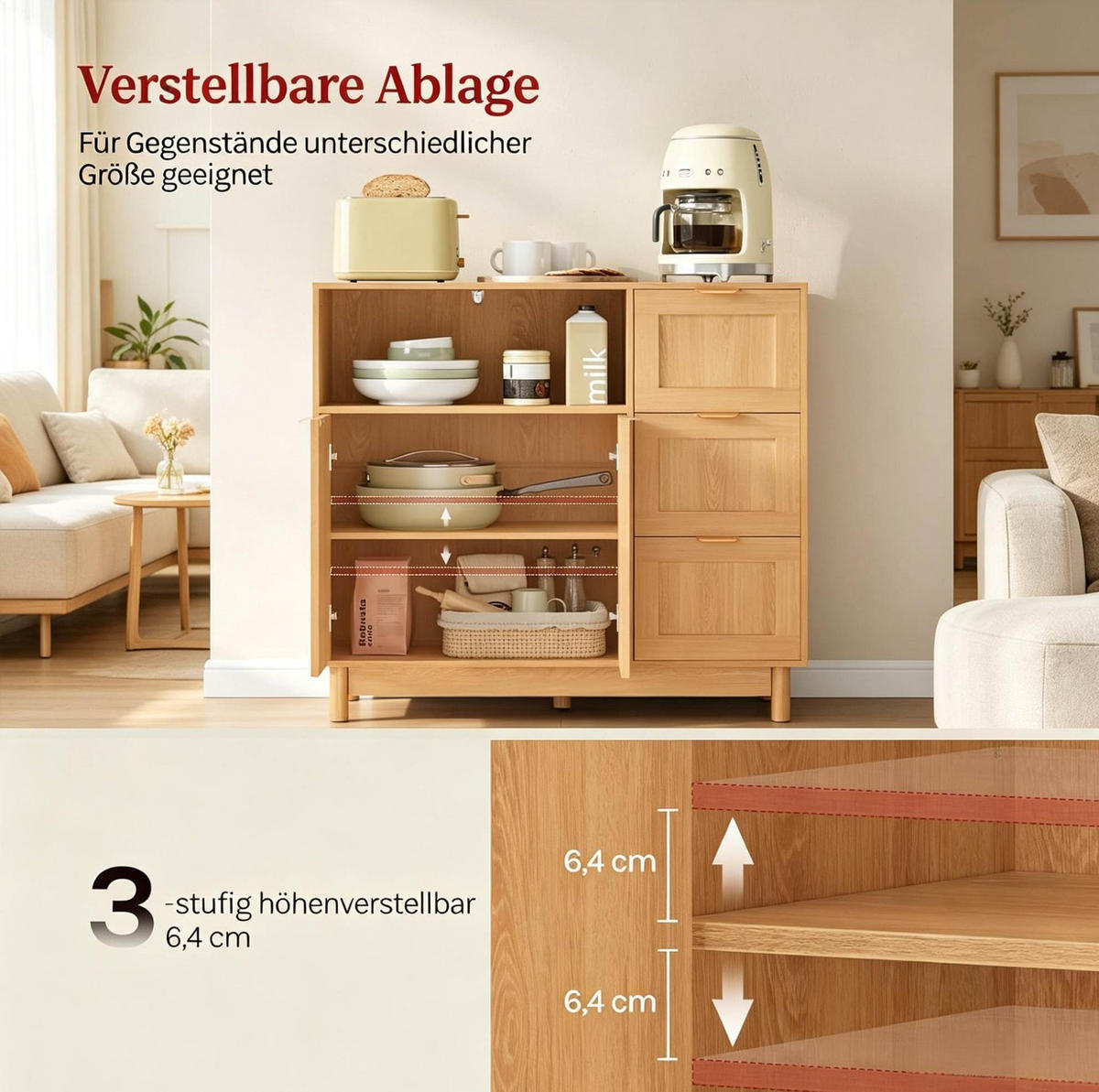 SIDEBOARD aus MDF und Spanplatte 90x35x80 cm in Holzoptik mit 3 Schubladen - Eichefarben, Holzwerkstoff (90/80/35cm) - IVMEU