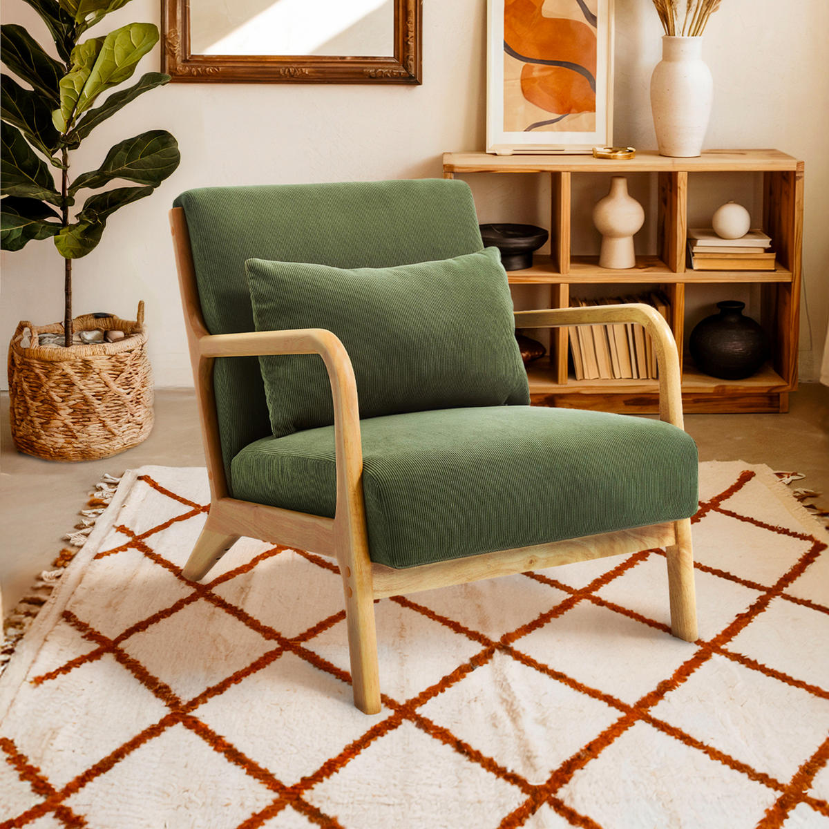 VINTAGE-SESSEL Marie aus skandinavischem Cord und Holz in Khaki - Akaziefarben/Grün, Holz/Textil (65/74/84cm) - Sicaan