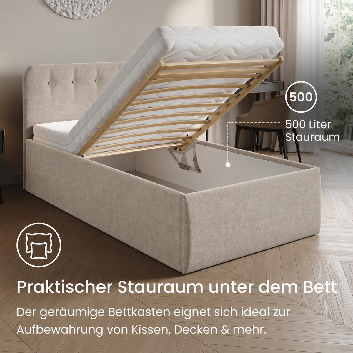 POLSTERBETT mit verstellbarem Lattenrost & Bettkasten, Kaltschaummatratze, 100 x 200 cm in Creme - Creme, Holzwerkstoff/Textil (100/200cm) - Home Collective