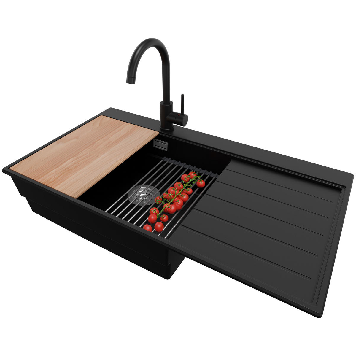 GRANITSPÜLE Sydney, 2-er set Schwarz 90/50 cm 1 Becken + Küchenarmatur 32/20 cm + Ablauf-Set + Küchenzubehörset ab 60er Unterschrank - Chromfarben/Beige, Kunststoff (90/20/50cm) - Primagran