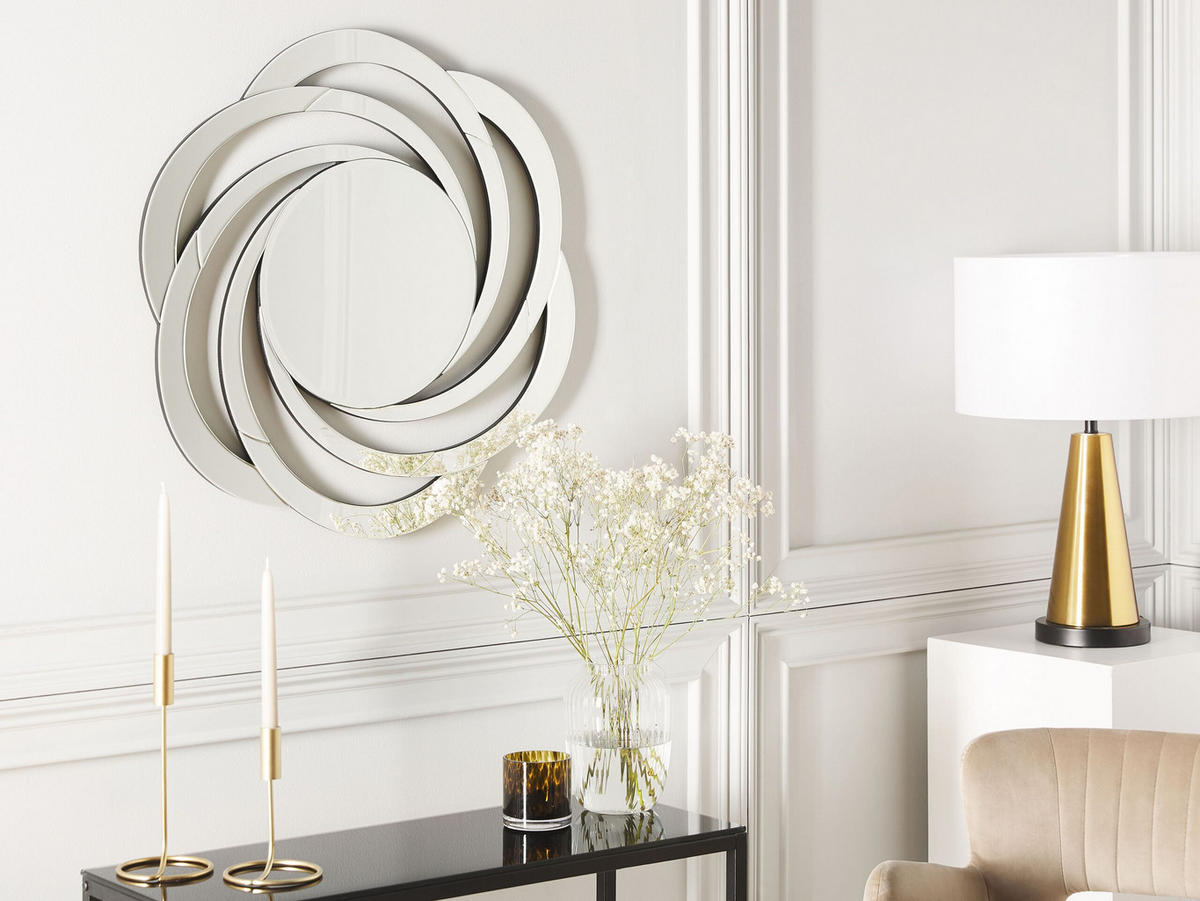 WANDSPIEGEL silber Blumenform 70 cm Treban - Silberfarben, Glas (70/70/2cm) - Beliani