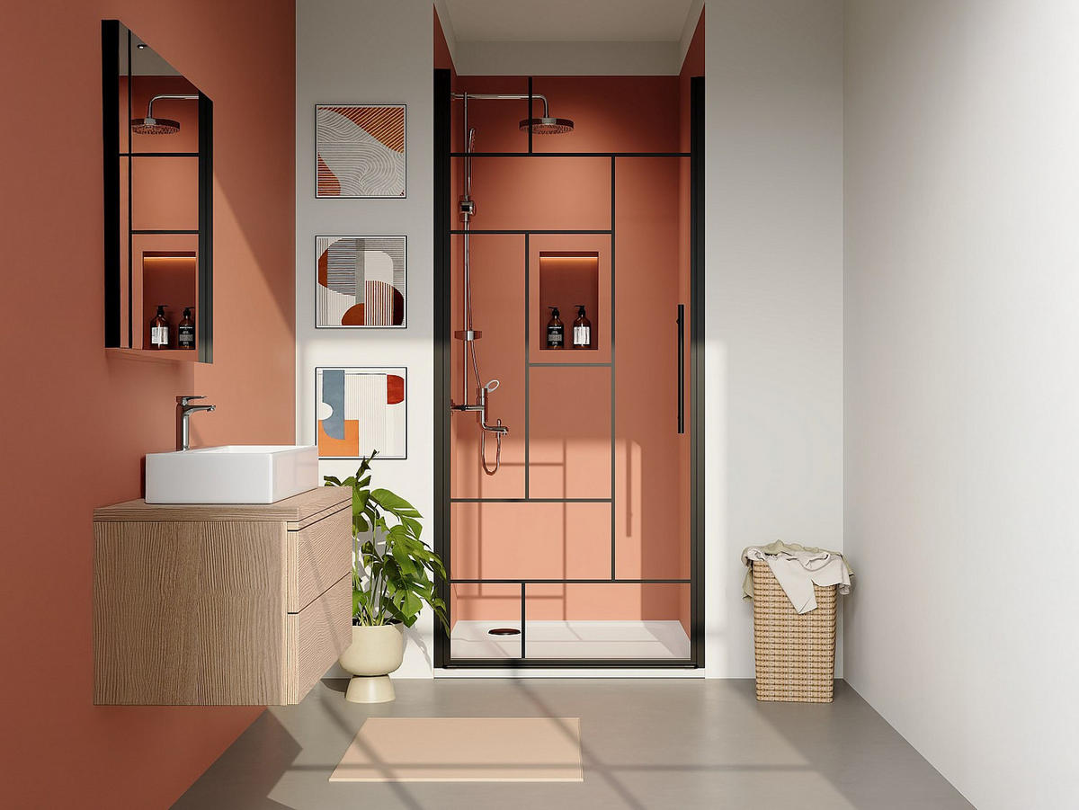 DUSCHTÜR Pendel - Metall matt Schwarz - Industrie-Style - Glas antikalk - 80 x 195 cm - FIORENI - Schwarz, Metall (80/195cm) - Vente-Unique