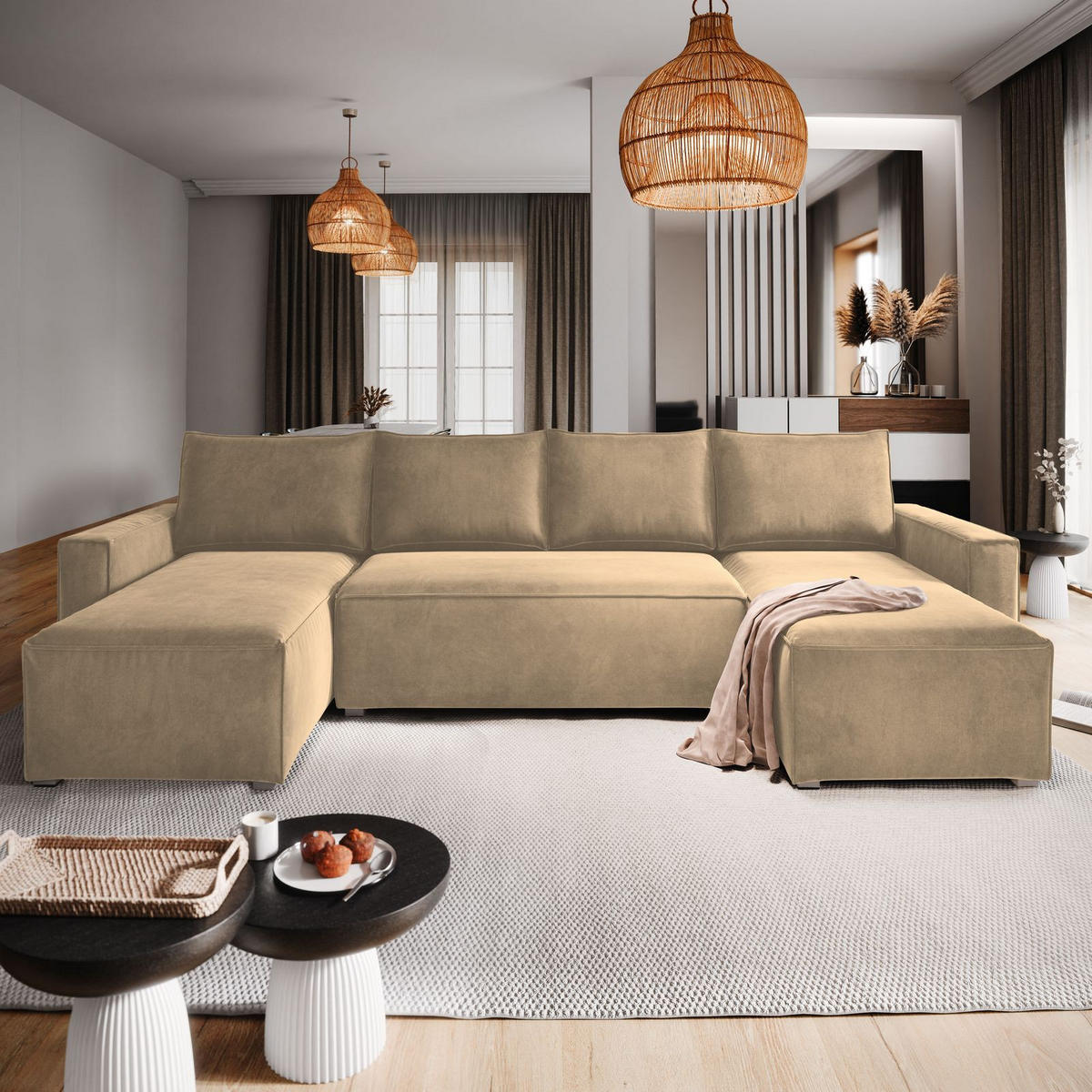 WOHNLANDSCHAFT DENI Creme Velours-Stoff mit Schlaffunktion - Creme, Holz (295/85/140cm) - MASSENO