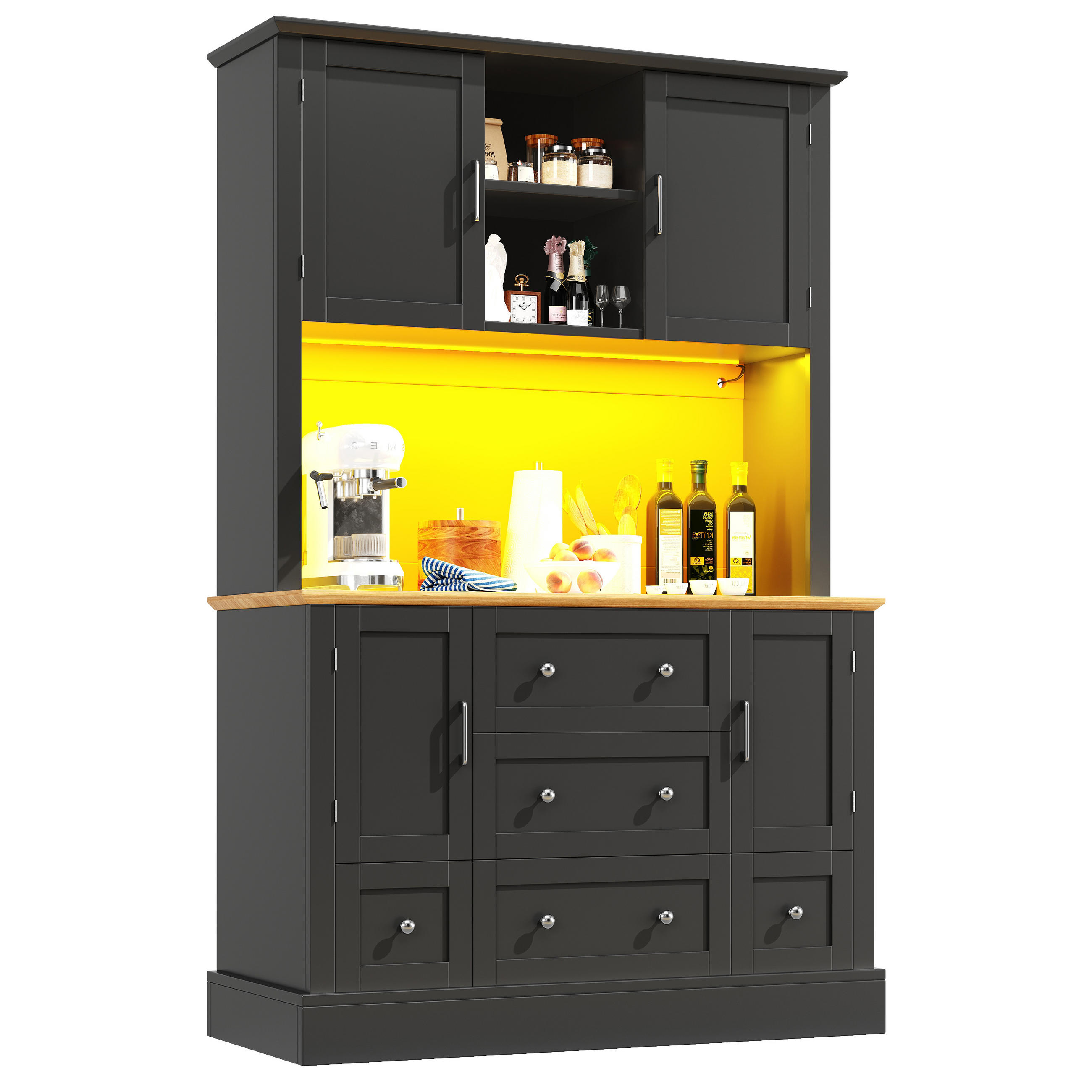 HOCHSCHRANK mit App-gesteuerter LED-Beleuchtung, 3 Schubladen, MDF, 115/40/180 cm, Schwarz/Natur - Schwarz, Holzwerkstoff (115/180/40cm) - Redom