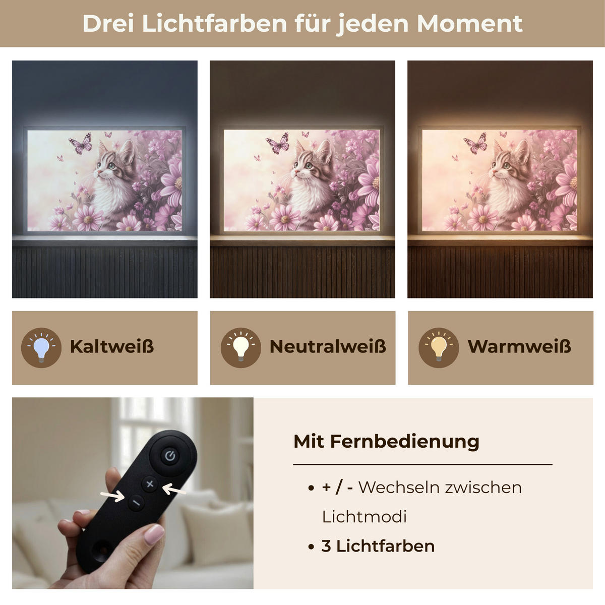 NACHTTISCHLAMPE MIT AKKU Kätzchen - Blumen - Schmetterlinge - Lila 60x40 cm - Altrosa, Holzwerkstoff (8/60/40cm) - OnlyWow