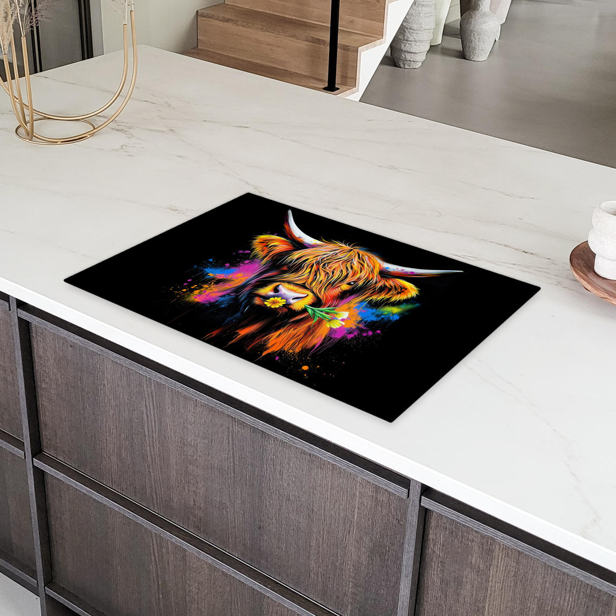 HERDABDECKPLATTE Schottischer Highlander - Graffiti - Bunt - Blume - Tiere Ceranfeldabdeckung 80x52 cm - Multicolor, Kunststoff (80/52/0.2cm) - MuchoWow