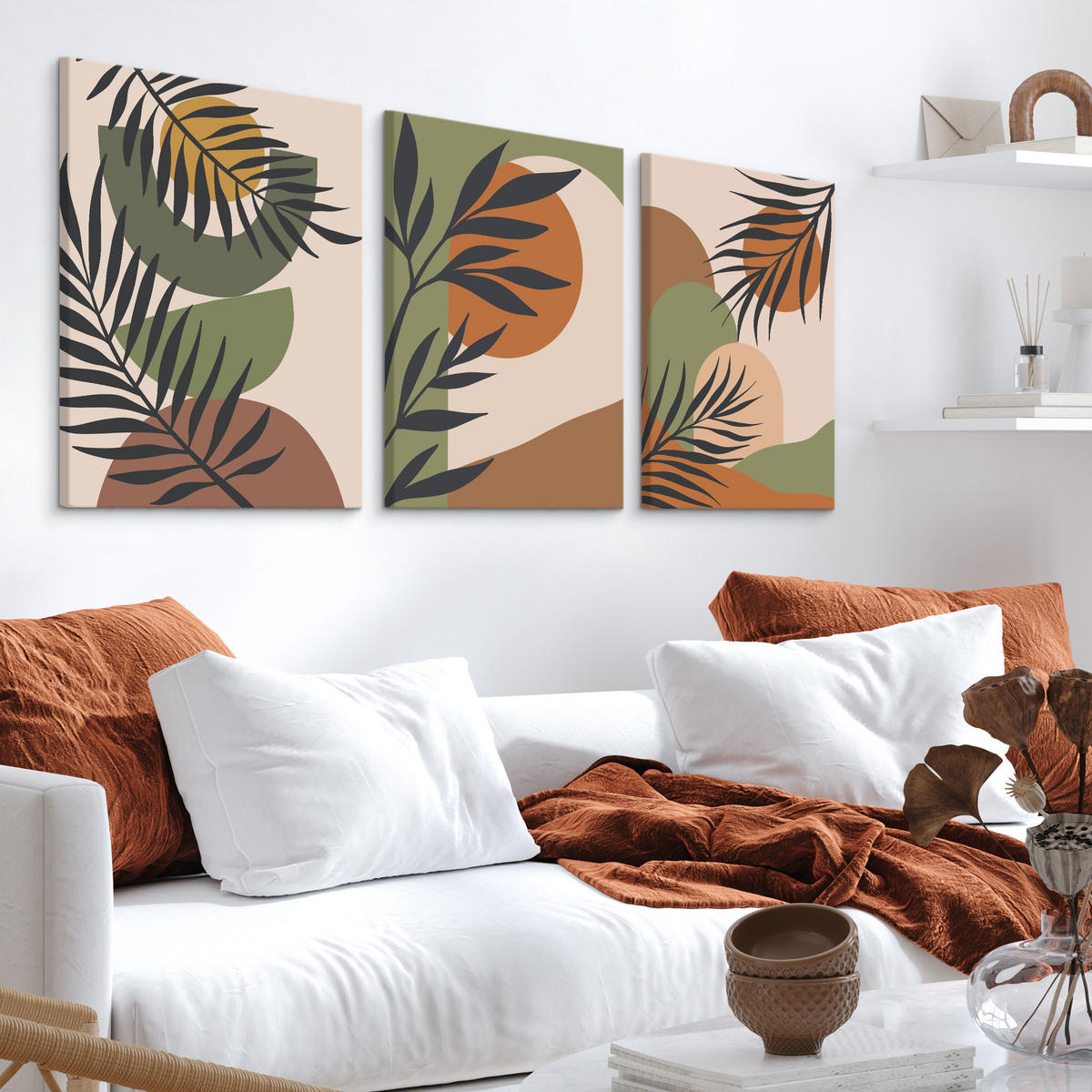 LEINWANDBILDER 3-er Set Blätter Boho - Beige/Schwarz, Textil (90/40cm) - Muralo