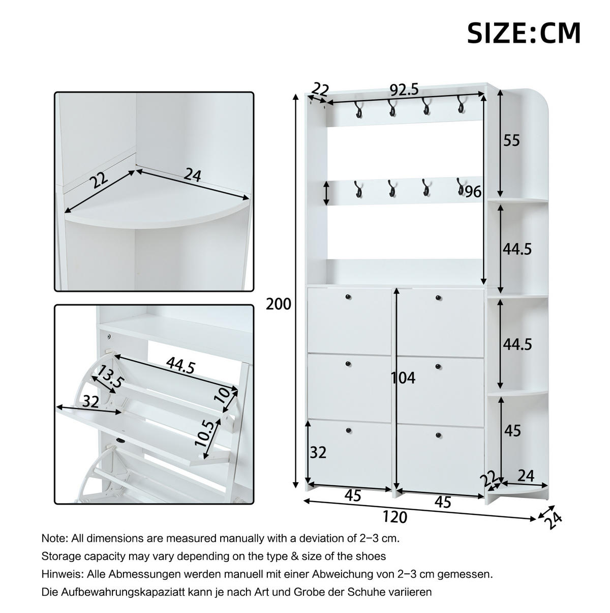 SCHUHSCHRANK aus Spanplatte 120x24x200cm in Weiß mit 8 Klapptüren - Weiß, Holzwerkstoff (120/200/24cm) - Modfu
