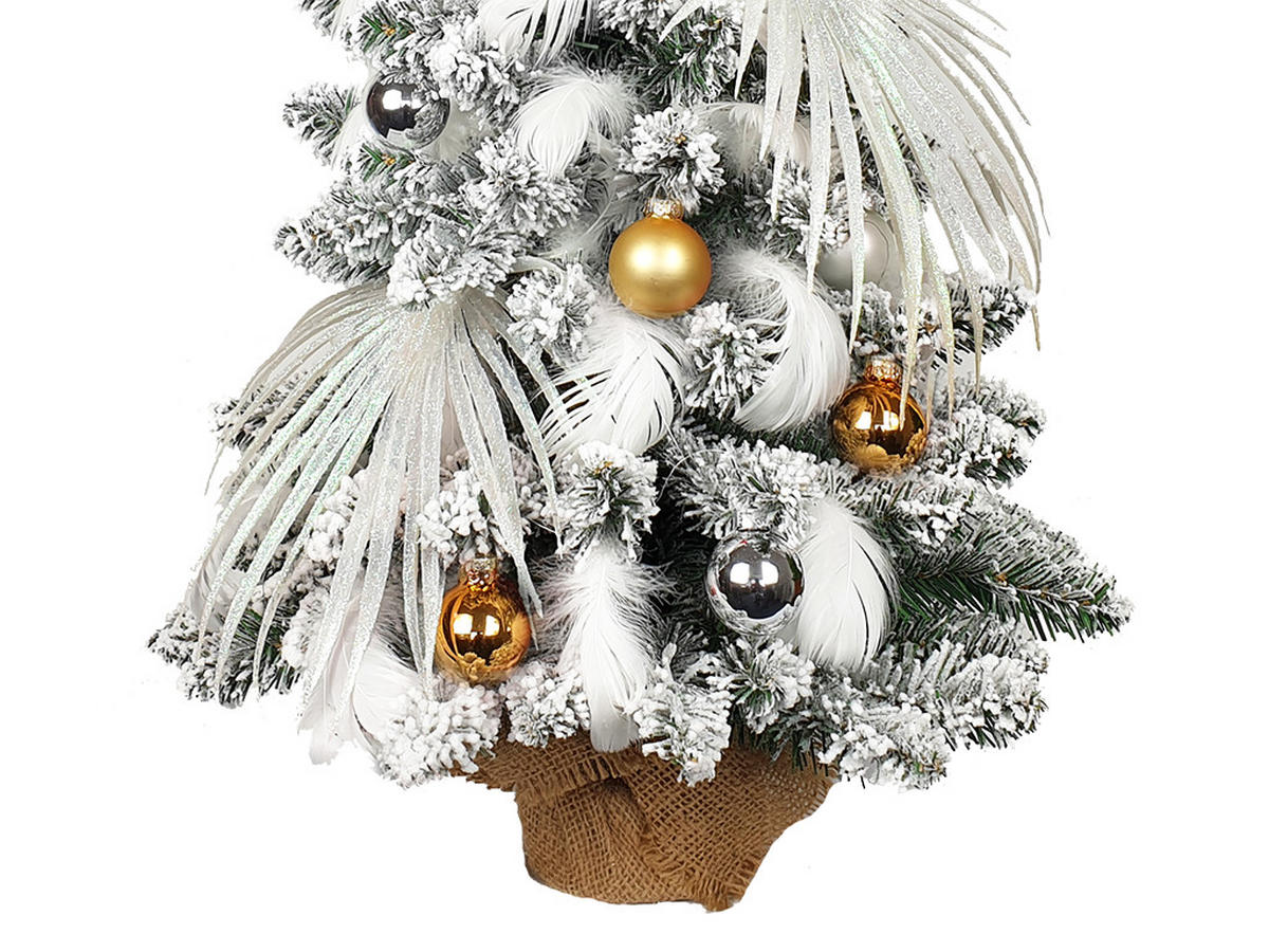 WEIHNACHTSBAUM künstlicher 60 cm mit LED-Beleuchtung, POLAR GOLD, mit 41 Weihnachtsbaumschmuck, Pflanztopf mit Jutesack - Silberfarben/Goldfarben, Kunststoff/Stein (40/60cm) - LAALU
