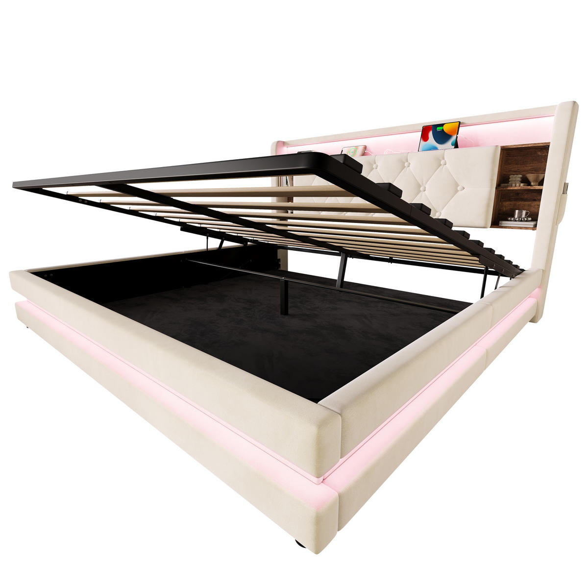 POLSTERBETT aus Samt 160x200 cm Beige mit Bettkasten, LED-Beleuchtung, USB- und Type-C-Anschlüssen - Beige, Textil (160/200cm) - Modfu