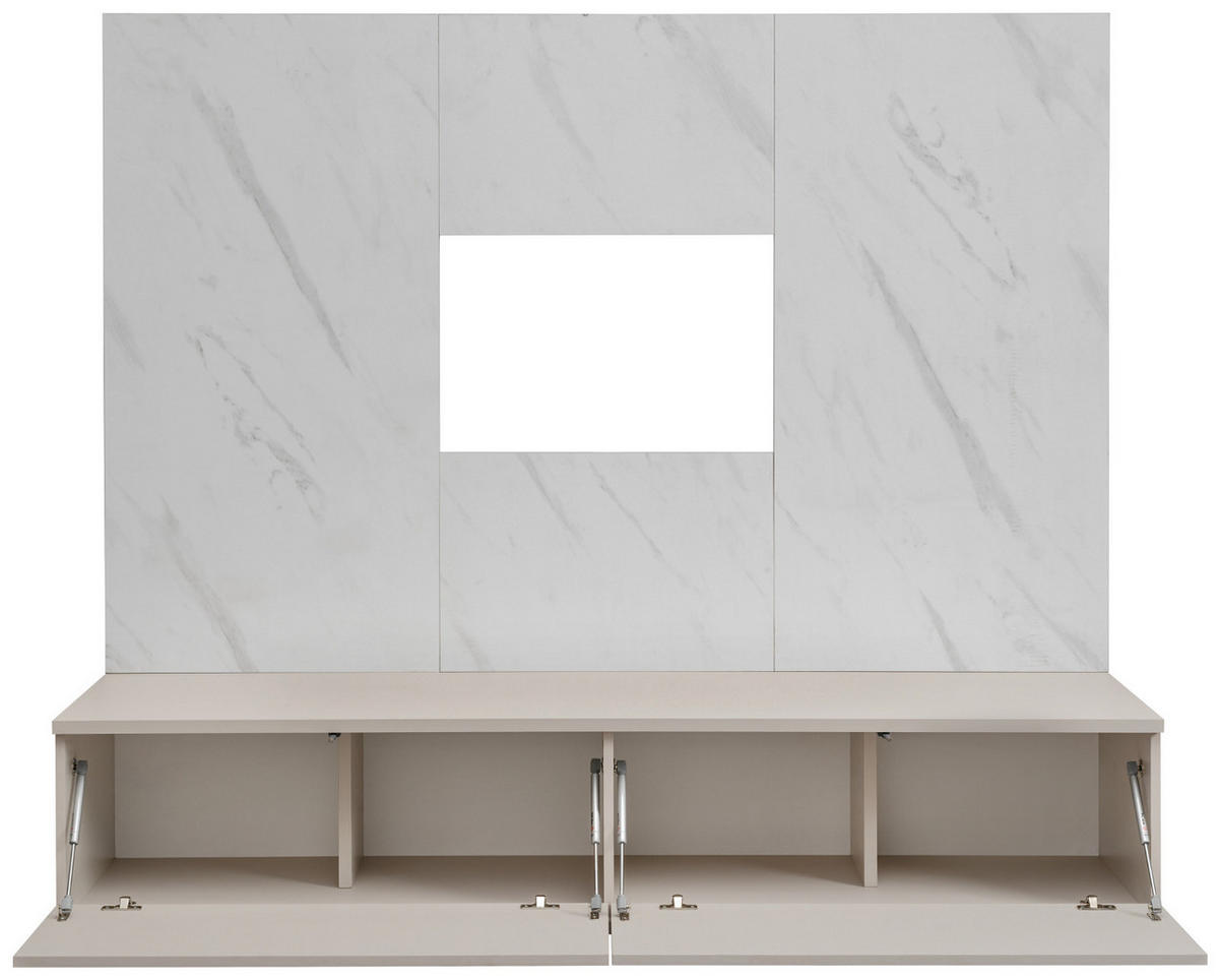 TV-LOWBOARD kaschmir, Marmor weiß 180 cm, TV Unterschrank Set mit Wandpaneel und Push-to-Open - Kaschmir/Weiß, Holzwerkstoff (180/155/45cm) - Inn.Furn