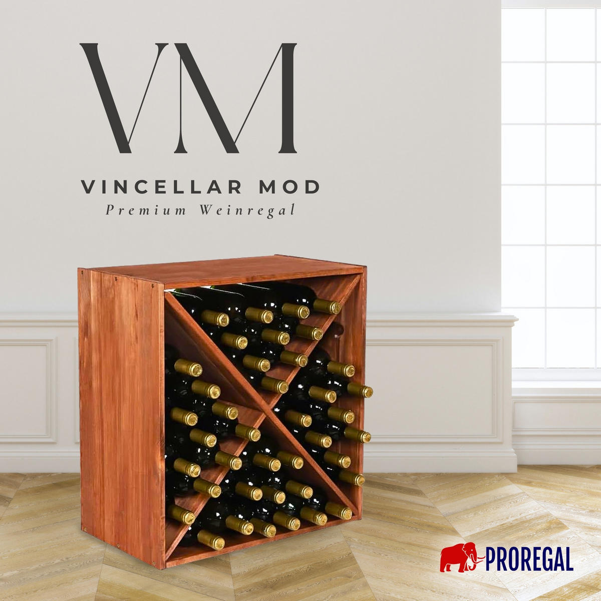 WEINREGAL Vincellar Mod 60x60x30 cm Kreuz Modul Für 40 Flaschen Massives Kiefernholz Braun Geölt - Braun, Holz (60/60/30cm) - PROREGAL