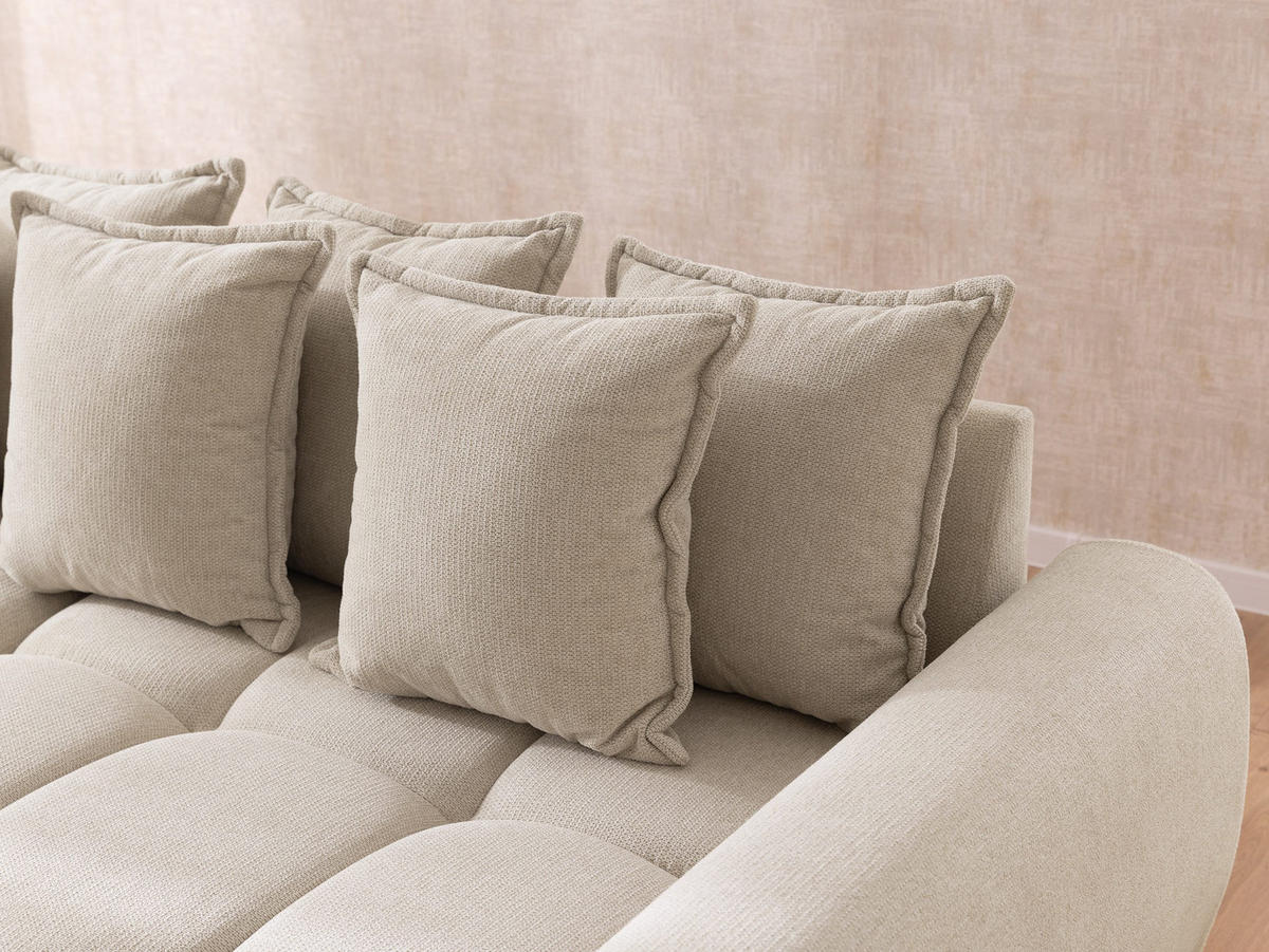 ECKSOFA inkl. Hocker Bubble mit Schlaffunktion und losen Rückenkissen, Sitzfläche Bubble-Optik aus weichem Hellbeige Strukturstoff - Ottomane Rechts - Beige/Schwarz, Holz/Kunststoff (306/180cm) - S-Style Möbel