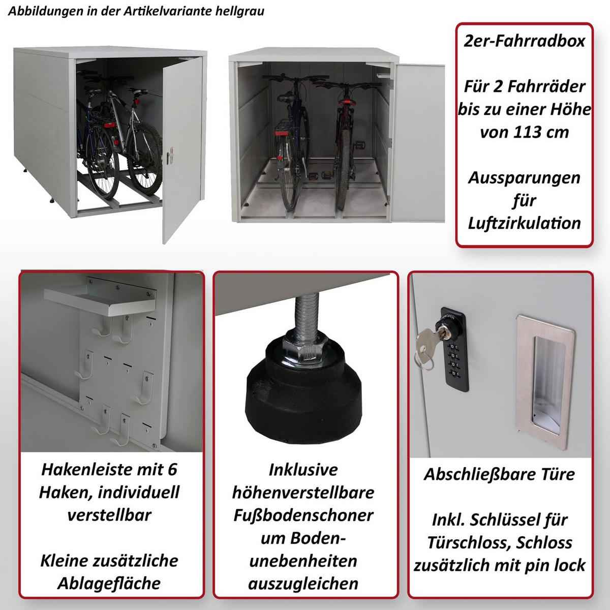 2ER-FAHRRADGARAGE rechteckig Hellgrau - Hellgrau, Metall (113/123/208cm) - MCW