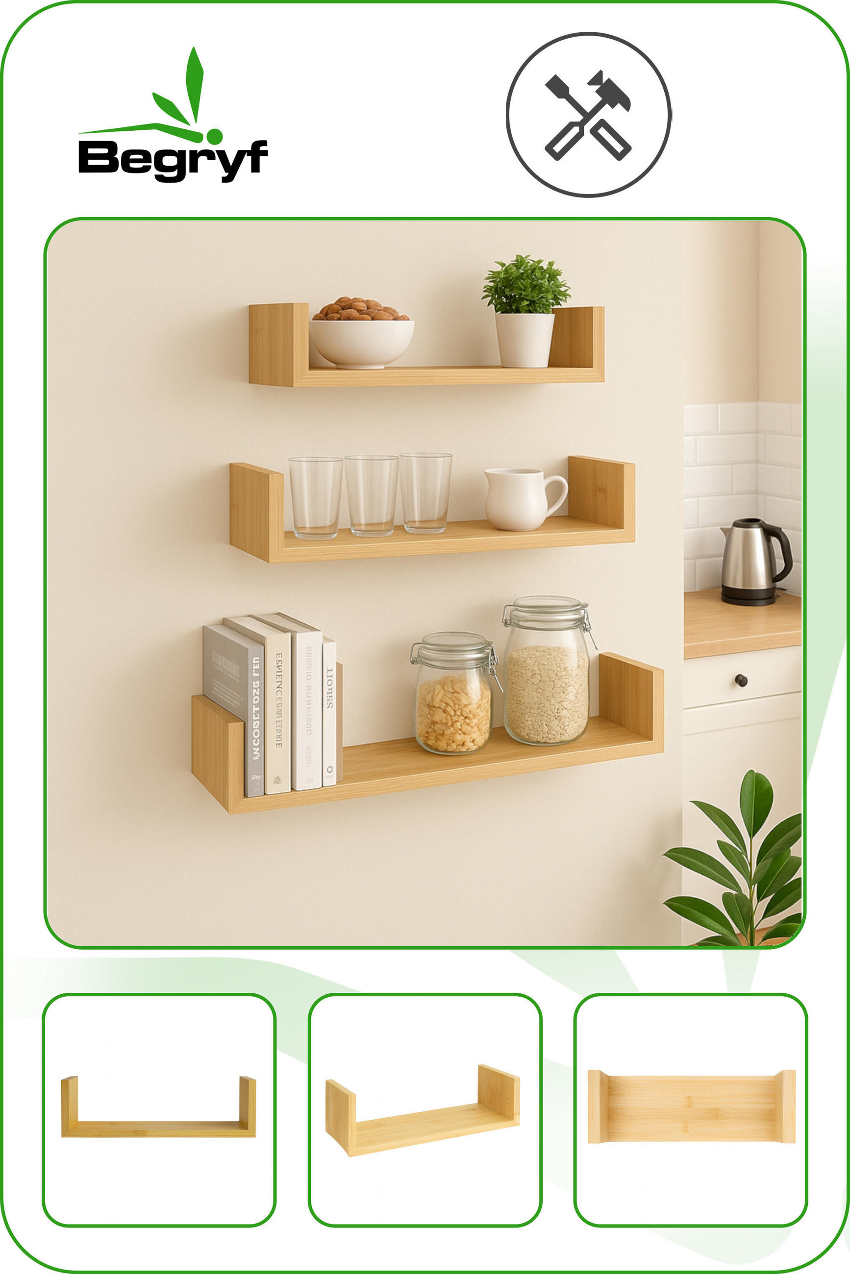 WANDREGAL in Bambusfarbe 3er-Set U-Form 30/45/60x15x10 cm - Naturfarben, Holzwerkstoff (60/15/15cm) - Begryf