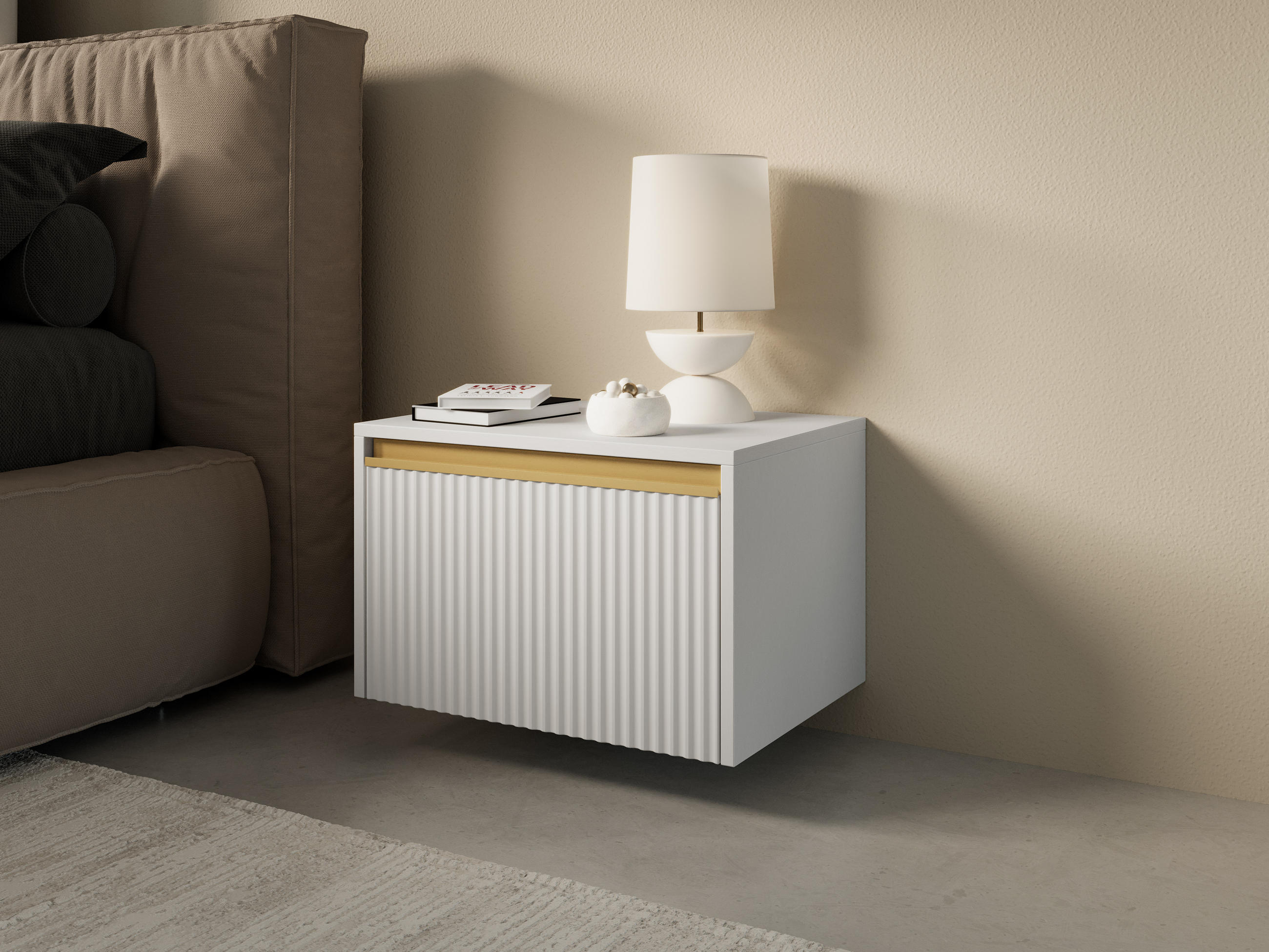 NACHTTISCH Loren in Weiß mit Schublade und geriffelten Fronten - Goldfarben/Schwarz, Holzwerkstoff/Kunststoff (54/42/39cm) - Ravio