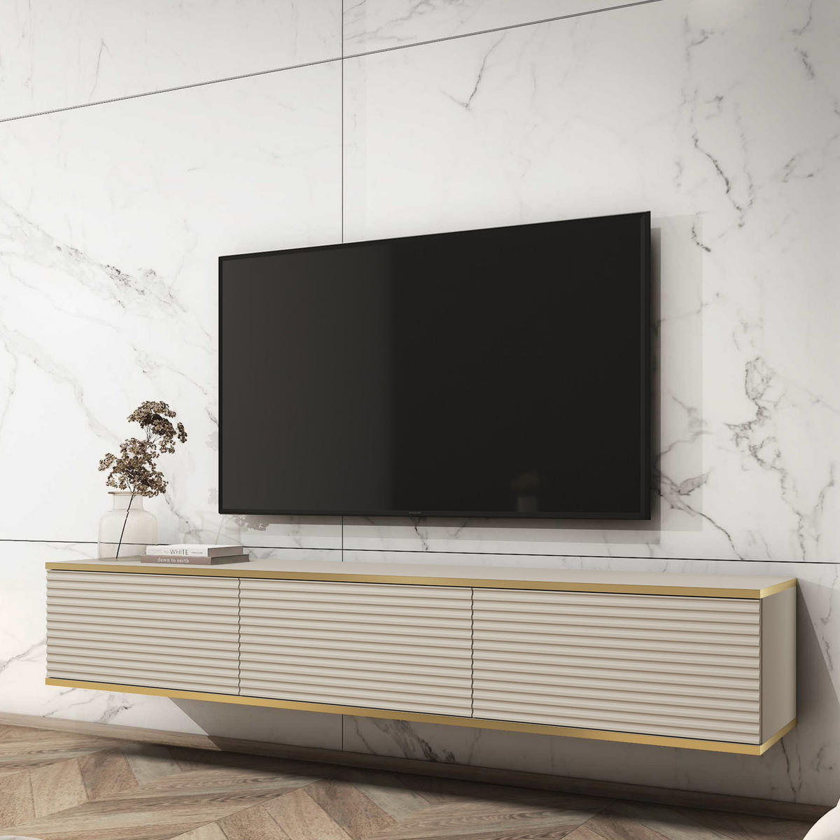 TV-BOARD FORNO (Hängend, Beige, Rillenfront, Goldene Details, 3 Klapptüren, 175 cm) - Beige, Holz/Holzwerkstoff (175/30/32cm) - Ravio