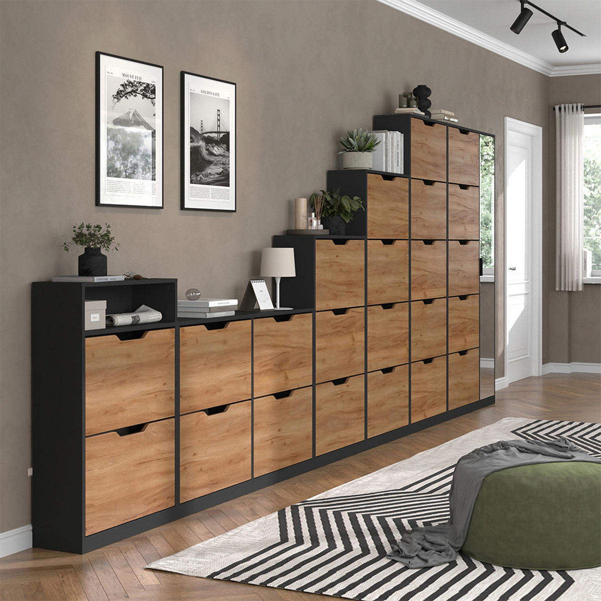 SCHUHKIPPER Luca, Anthrazit/Goldkraft Eiche, 90 x 180.5 cm mit 5 Kippfächern & Spiegel - Honigeiche/Anthrazit, Holzwerkstoff (90/180.5/22cm) - Vicco