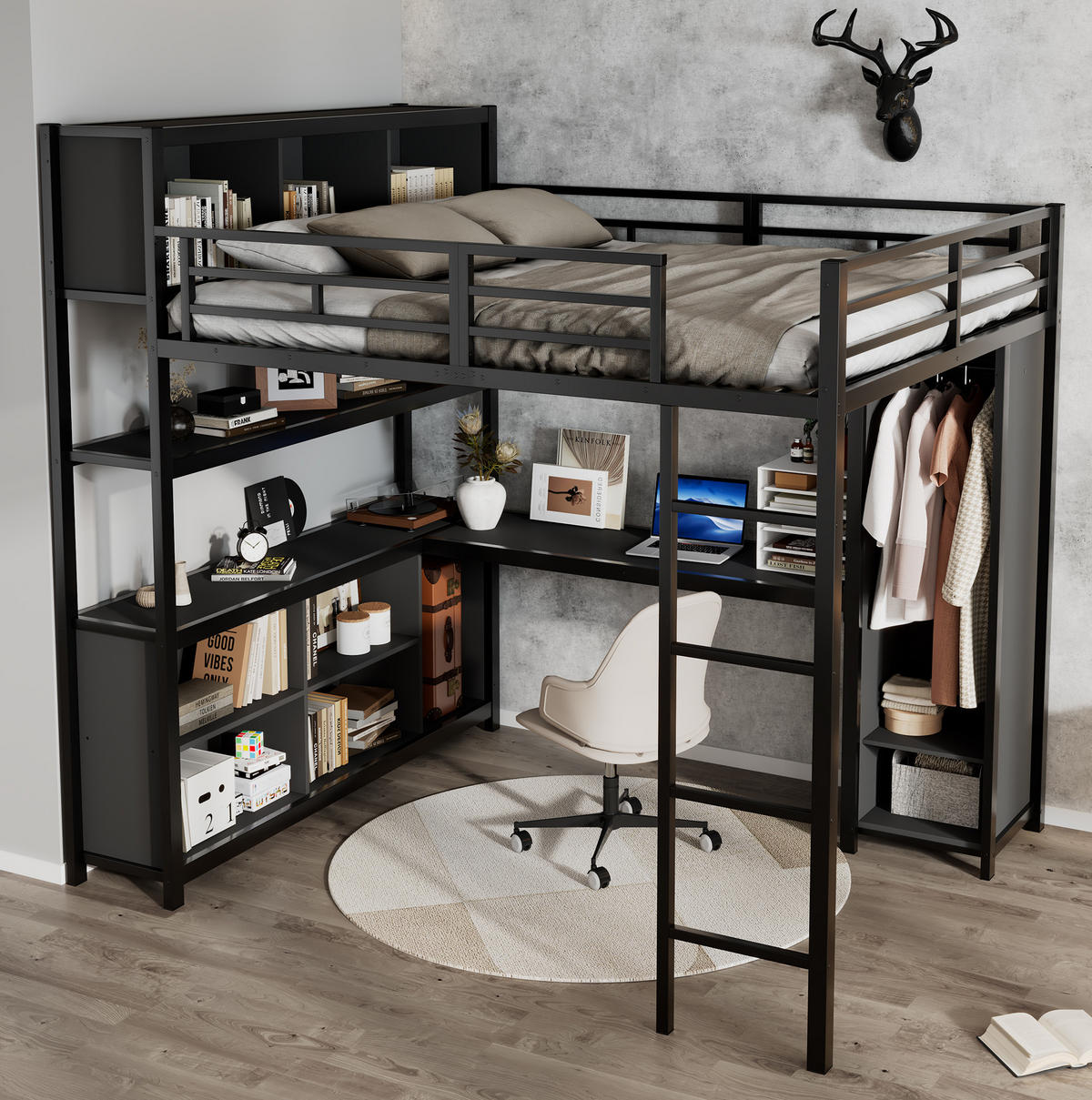 HOCHBETT mit Schreibtisch 140/200 cm in Schwarz – mit Kleiderschrank und Stauraum - Schwarz, Metall (90/200cm) - BEAOK