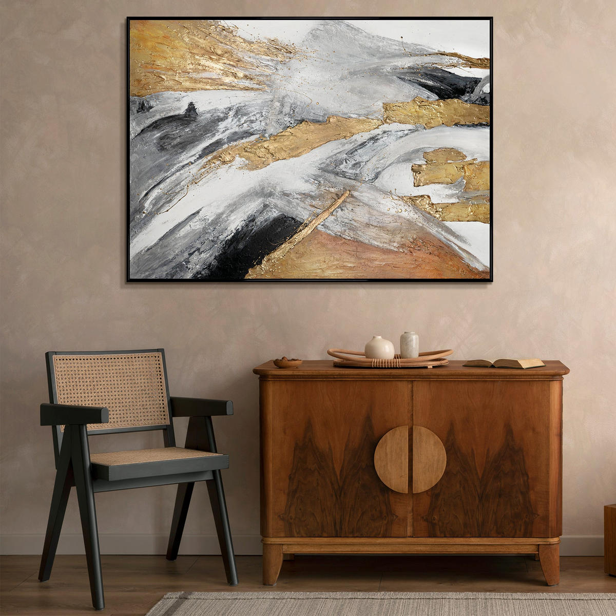 GEMÄLDE Goldene Symphonie II Schattenfugenrahmen Schwarz 140x100 cm - Schwarz, Holz (140/100cm) - YS-art gallery