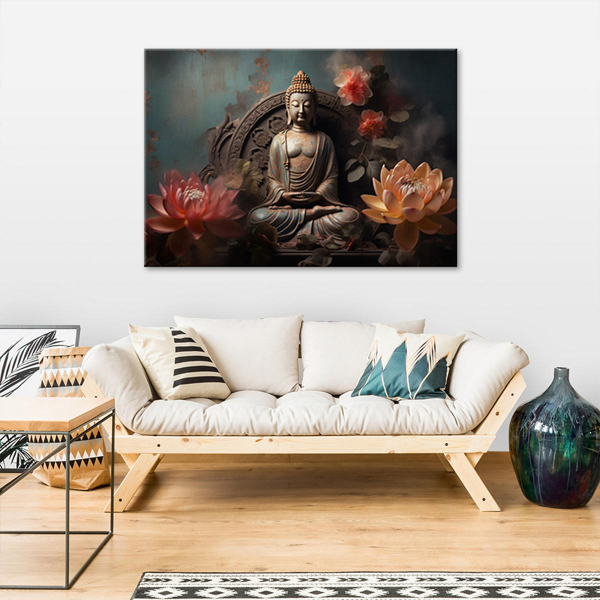 WANDBILD buddha zen blumen - Grau, Textil (60/40cm) - Feeby