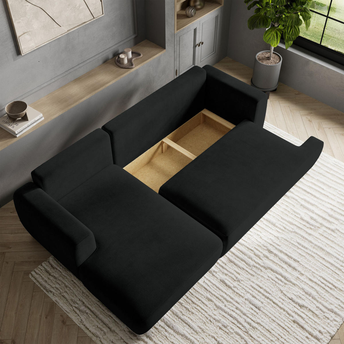 ECKSOFA SENTI K L-S Schwarz Plüsch-Stoff mit Schlaffunktion - Schwarz, Holz (246/148cm) - MASSENO