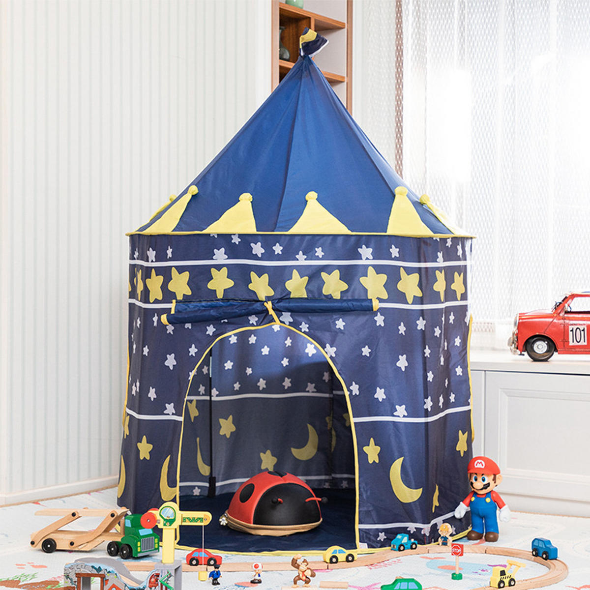 KINDERZELT Nachthimmel-Motiv aus Polyester in Dunkelblau Faltbar Geräumiger Innenraum Praktisch 105 x 105 x 135 cm - Dunkelblau, Kunststoff (105/105cm) - Livingandhome