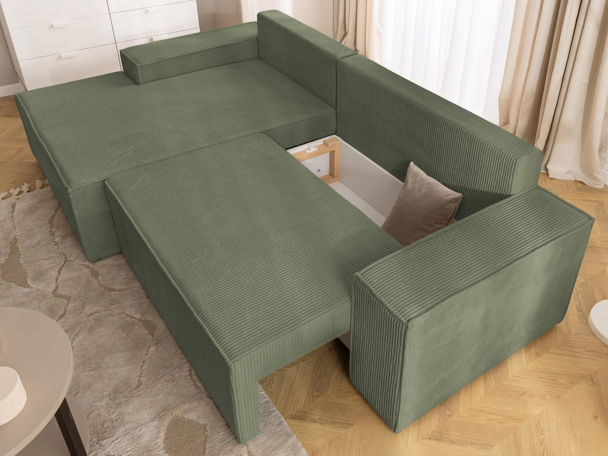 ECKSOFA Rivio mit Schlaffunktion und Bettkasten, Cordstoff Grün - Schwarz/Grün, Holz/Kunststoff (149/262cm) - S-Style