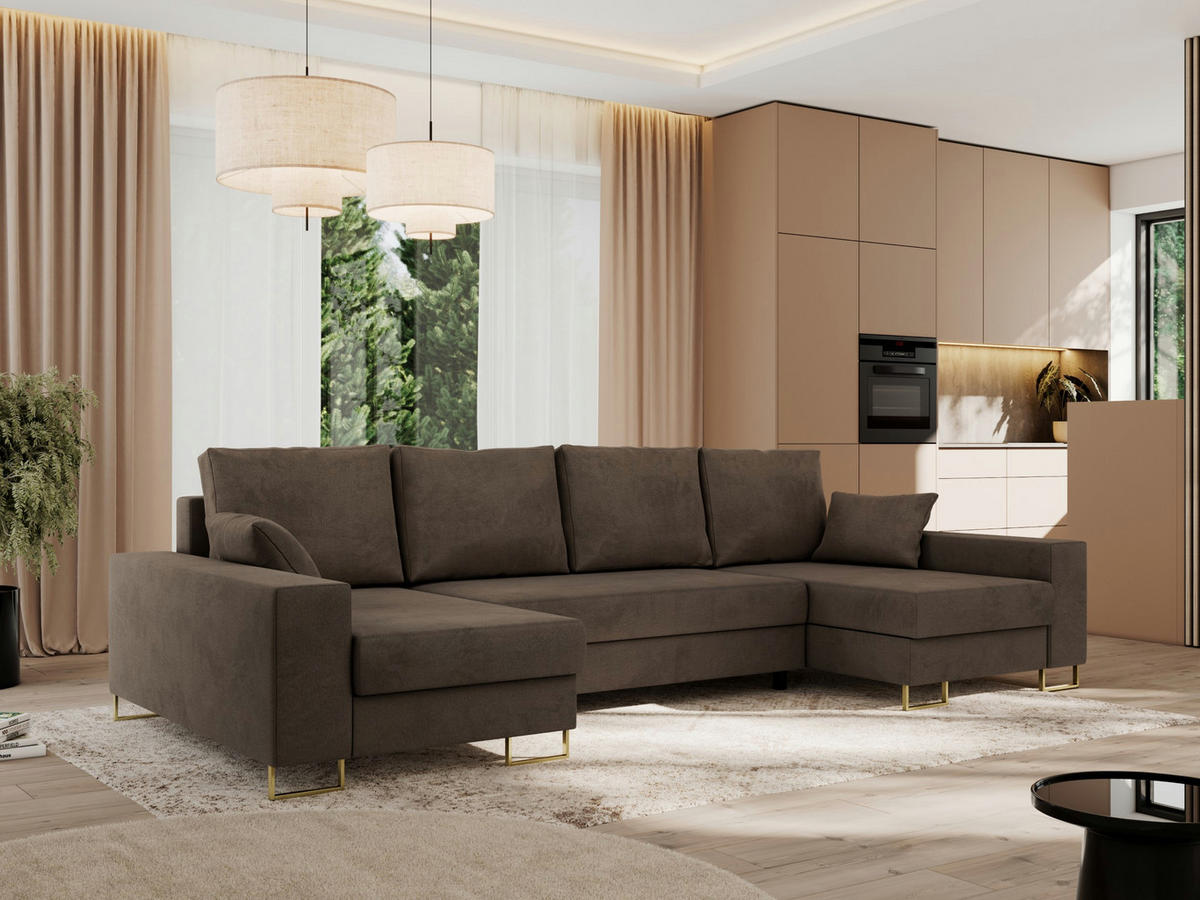 WOHNLANDSCHAFT DORIAN U Velvet Braun - Goldfarben/Braun, Textil/Metall (312/95/138cm) - MKS