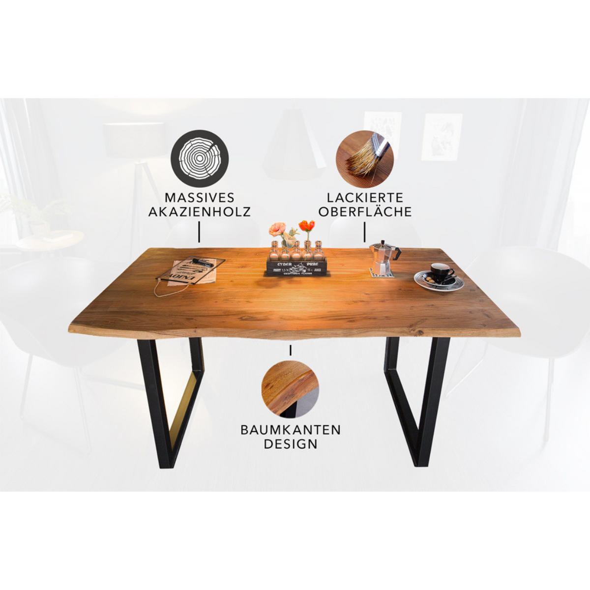 ESSTISCH MAMMUT Wild-Akazie Natur 160 cm - Schwarz/Braun, Holz/Metall (90/160/77cm) - riess-ambiente