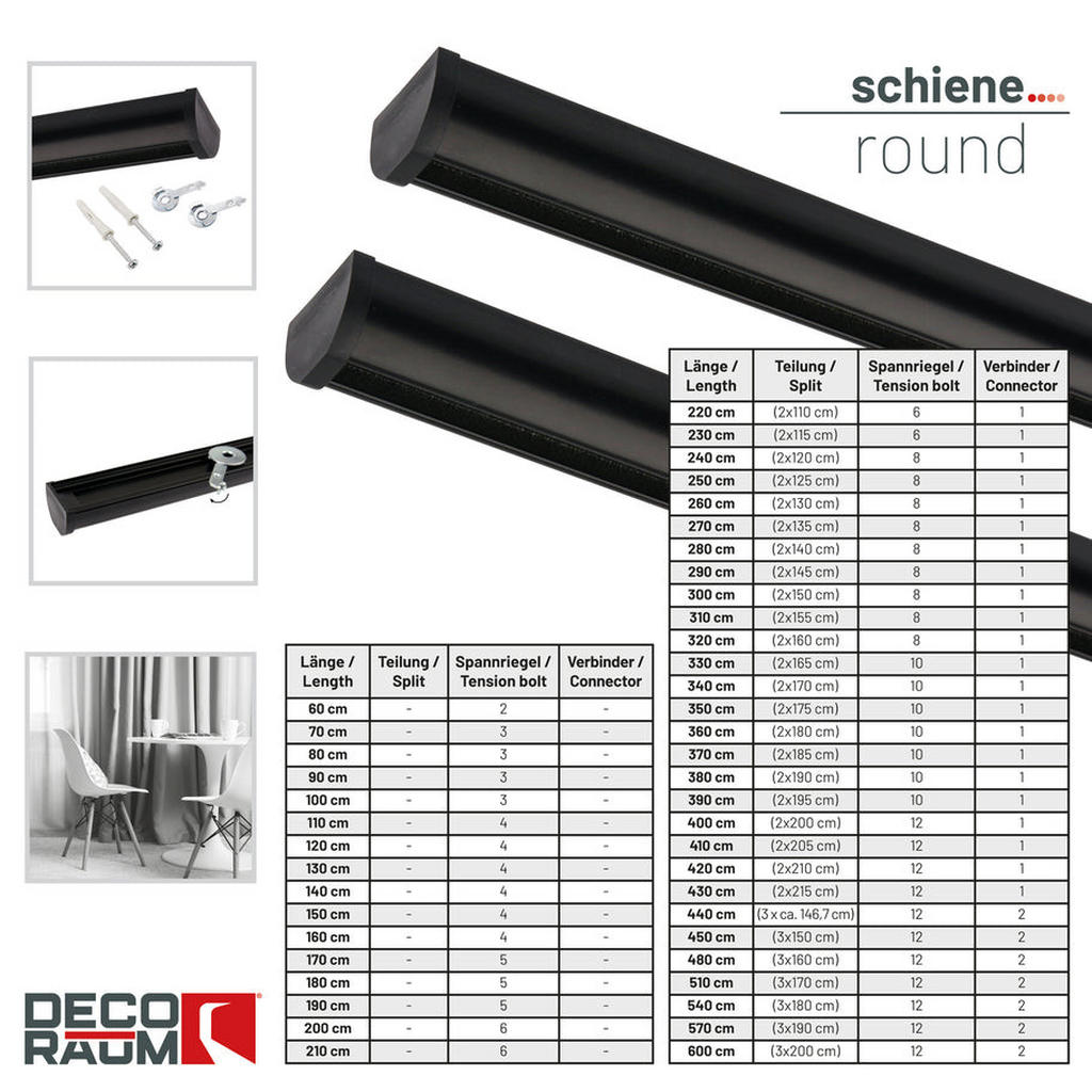 Thumbnail - Deco-Raum Gardinenschiene, Schwarz, Metall, 360 cm, Wohntextilien, Gardinen & Vorhänge, Gardinen-Stangen