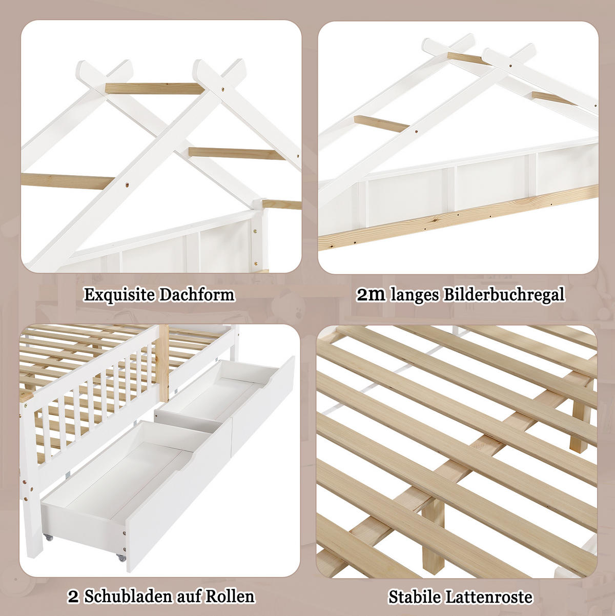 KINDERBETT 140/200 cm aus Kiefer und MDF mit Dach, Fallschutz und 2 Schubladen, Weiß/Natur - Weiß, Holz (140/200cm) - Redom