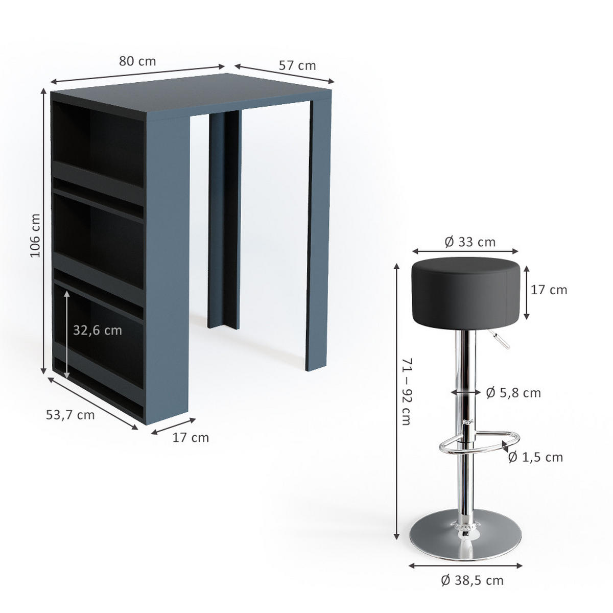 BARTISCH-SET Anthrazit 57 x 80 cm mit 2 Barhockern - Anthrazit, Holzwerkstoff (57/106/80cm) - Vicco