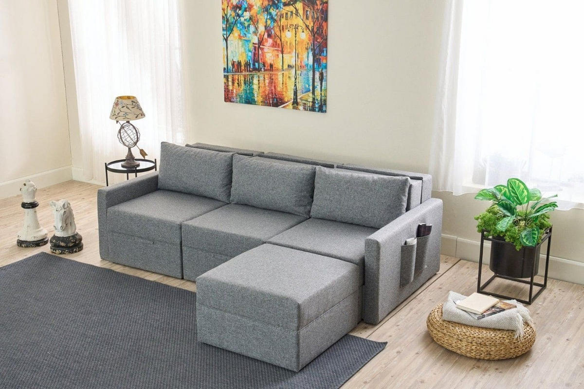 ECKSCHLAFSOFA mit Hocker - Schwarz/Grau, Holz/Kunststoff (230/180cm) - myHomelando