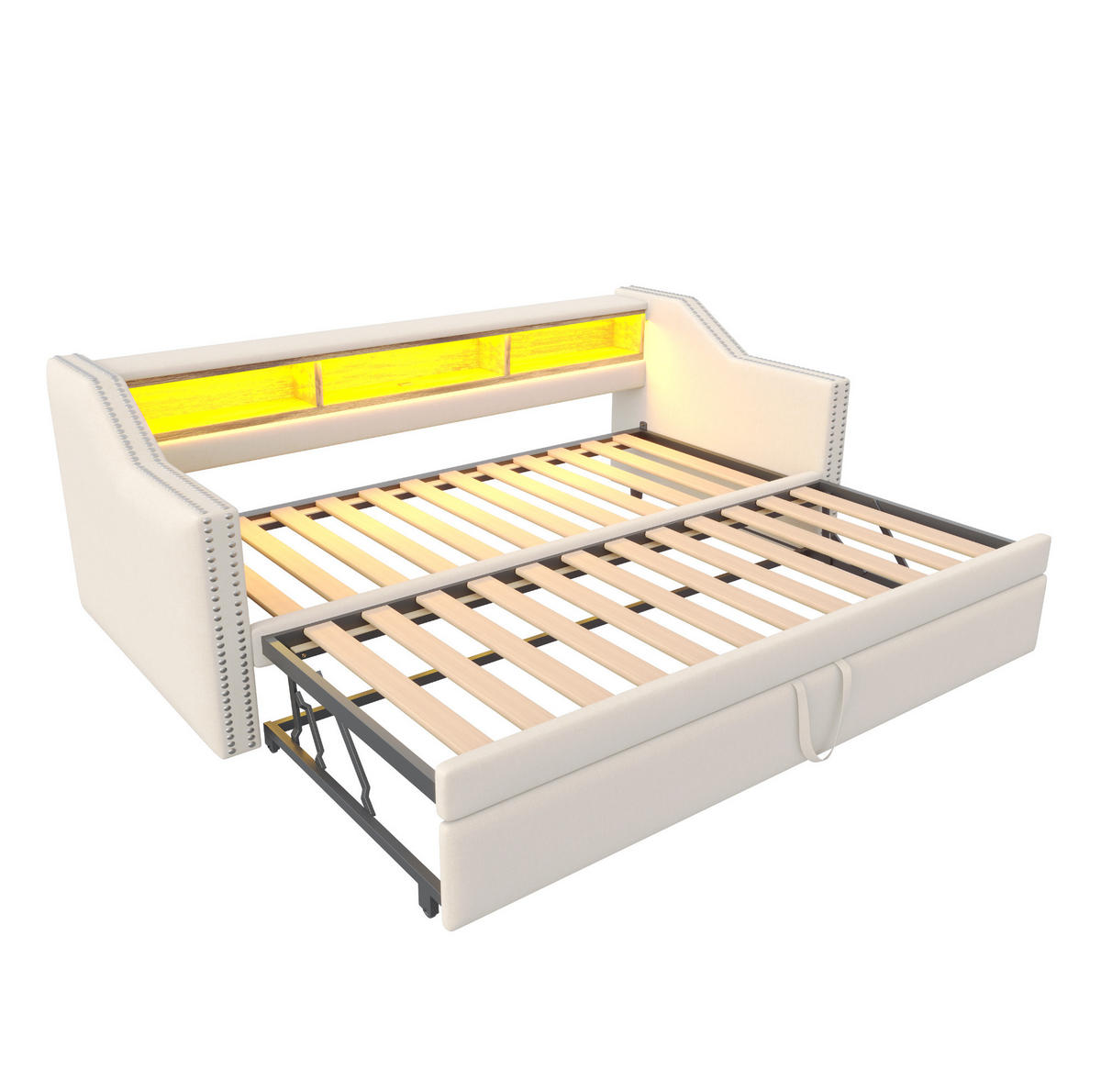 ČALOUNĚNÁ rozkládací postel 90/180 x 190 cm béžová z lnu s LED osvětlením a USB - béžová, textil (90/190cm) - OKWISH