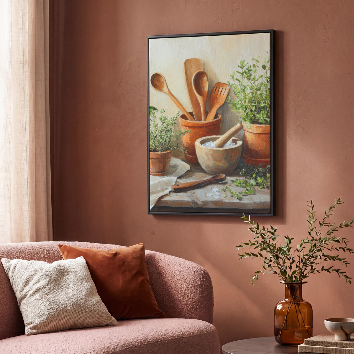 LEINWAND Bilder mit Rahmen - Töpfe - Kräuter - Holz - 70x100 - Terracotta, Textil (70/100cm) - MuchoWow