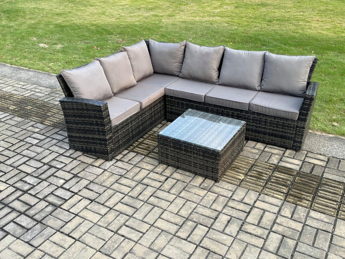 GARTENLOUNGE mit Ecksofa Polyrattan Dunkelgrau 6-Sitzer - Dunkelgrau/Grau, Glas/Kunststoff - Fimous