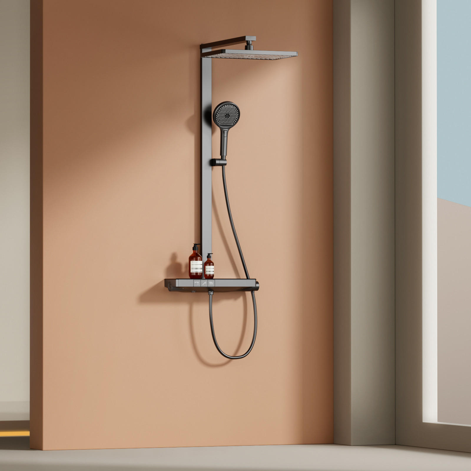 ÜBERKOPFBRAUSESET mit Brausethermostat Temperaturanzeige Anthrazit - Anthrazit, Metall (43.7/112.2/62.5cm) - EMKE