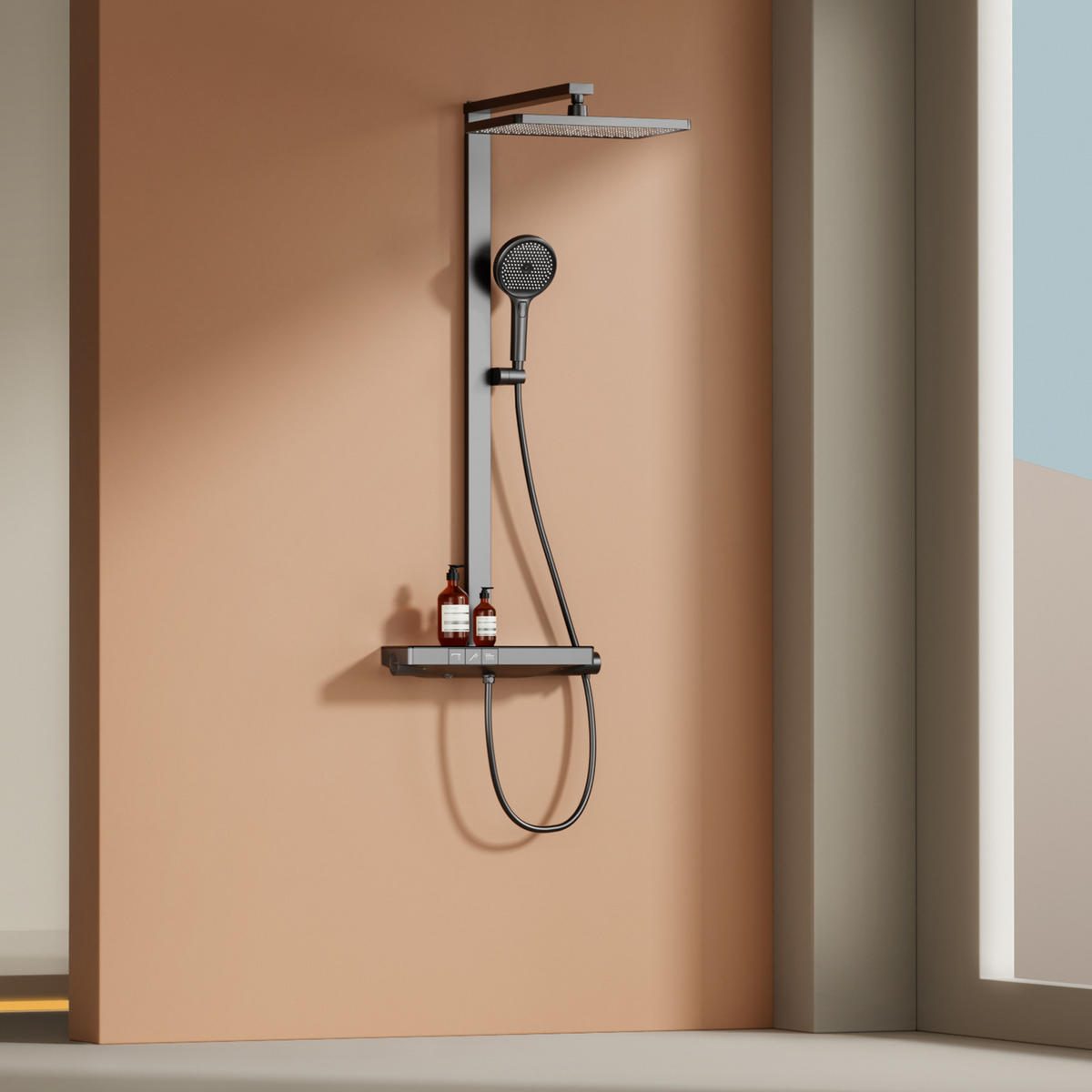 ÜBERKOPFBRAUSESET mit Brausethermostat Temperaturanzeige Anthrazit - Anthrazit, Metall (43.7/112.2/62.5cm) - EMKE