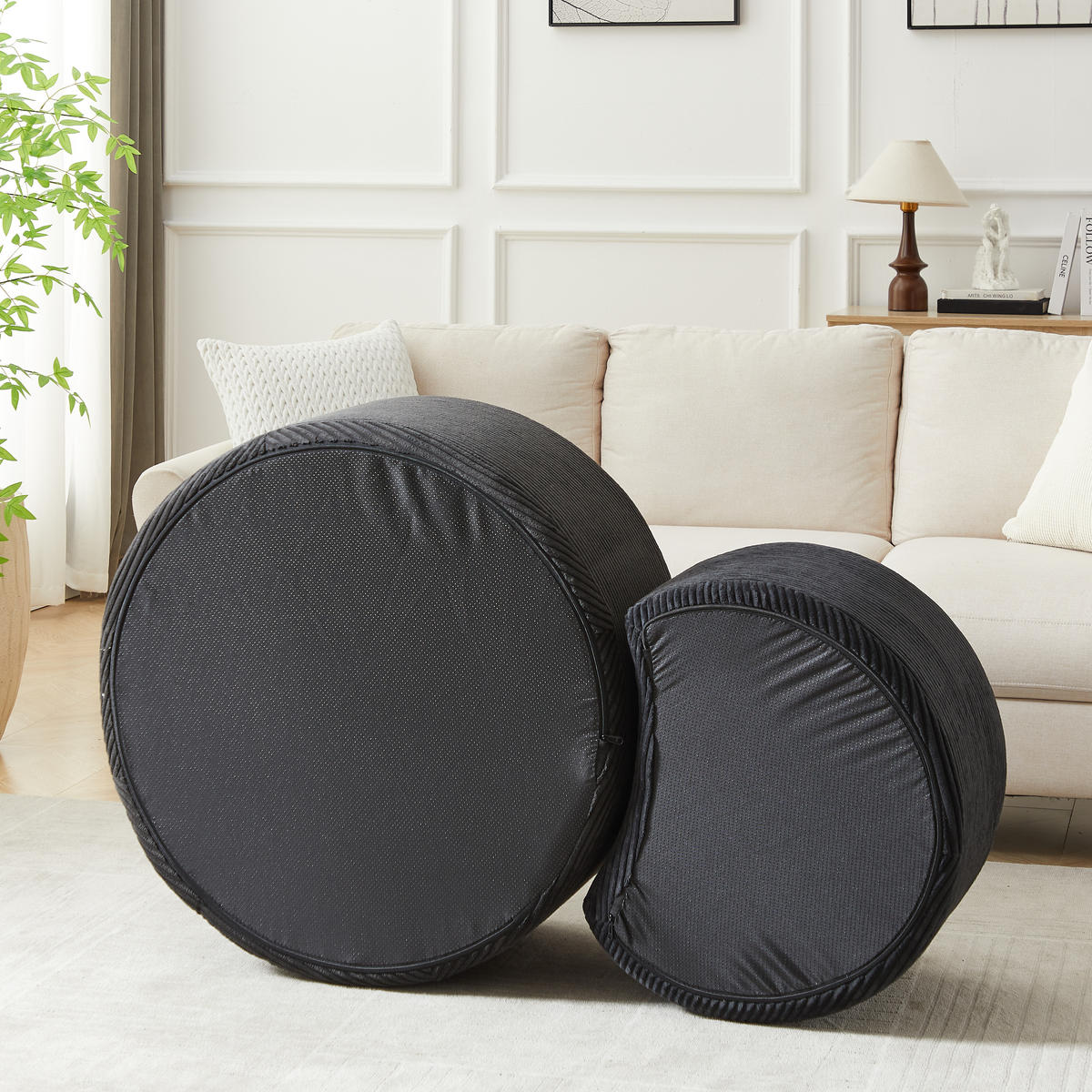 COUCHTISCH in Schwarz runder Kaffeetisch aus Schaumstoff, Set mit 2 Stück für Wohnzimmer, B127/T81/H40cm - Schwarz, Textil (81/126/40cm) - STILVORA