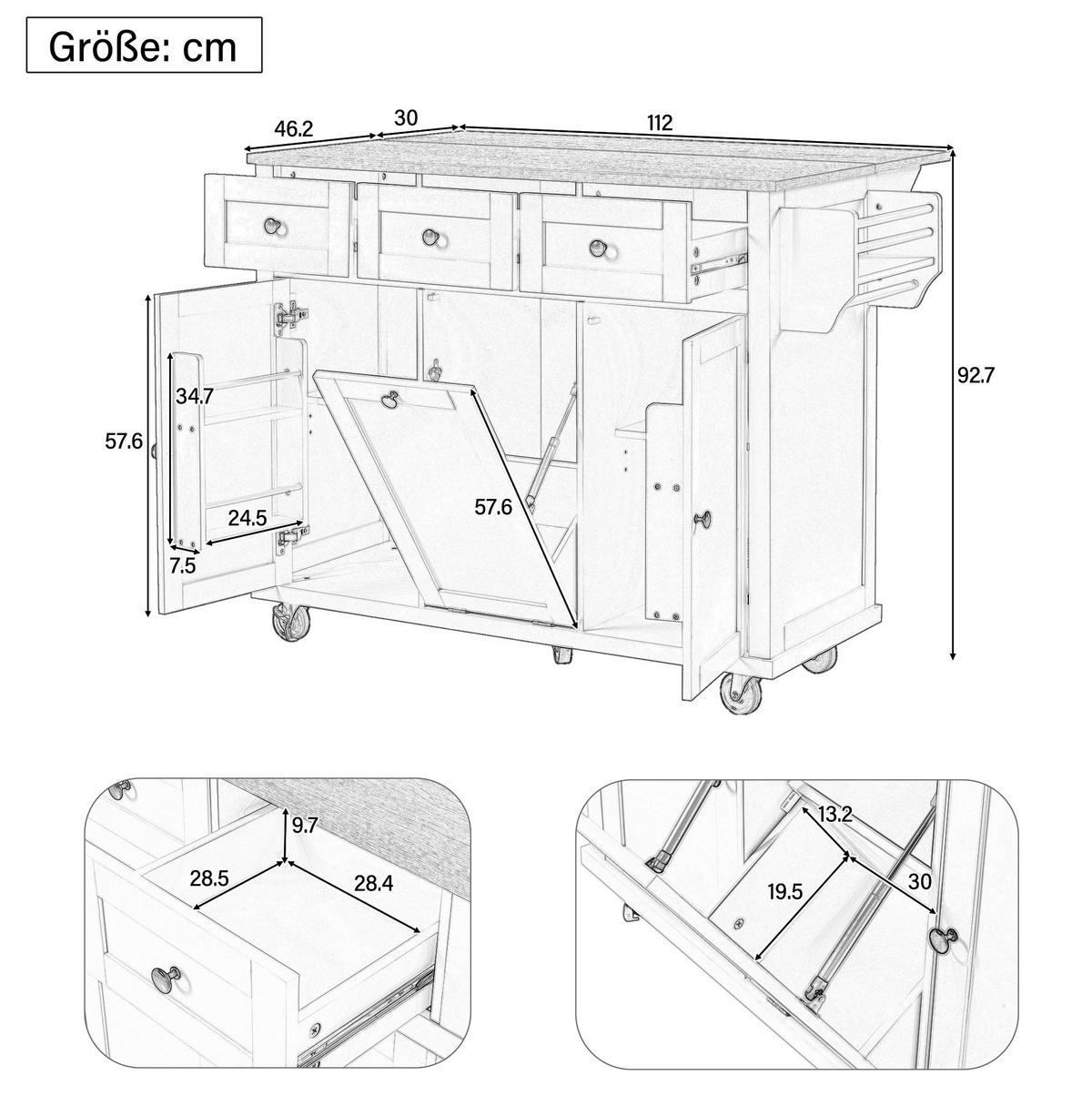 KÜCHENINSEL 112/46,2-76,2/92,7 cm naturgrau mit ausziehbarer Klapparbeitsplatte - Grau, Holzwerkstoff (112/92.7/76.2cm) - OKWISH