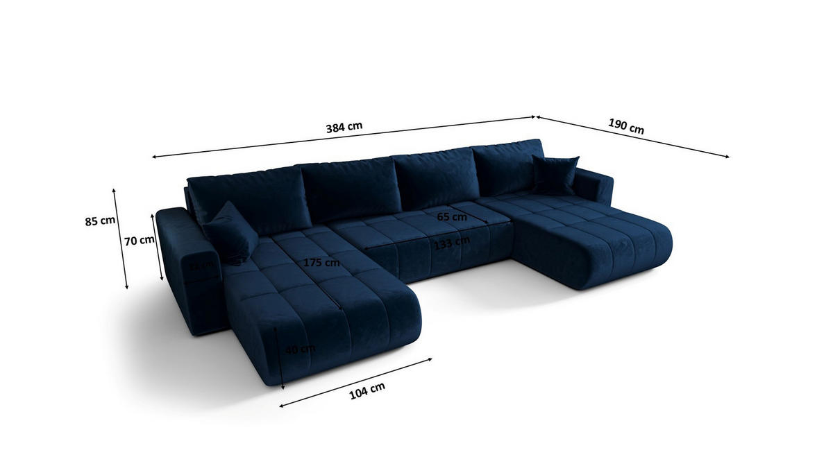 ECKSOFA mit schlaffunktion und bettkasten MILO U, stoff MONOLITH, Dunkelblau - Dunkelblau, Holz (384/190cm) - Kaiser Möbel