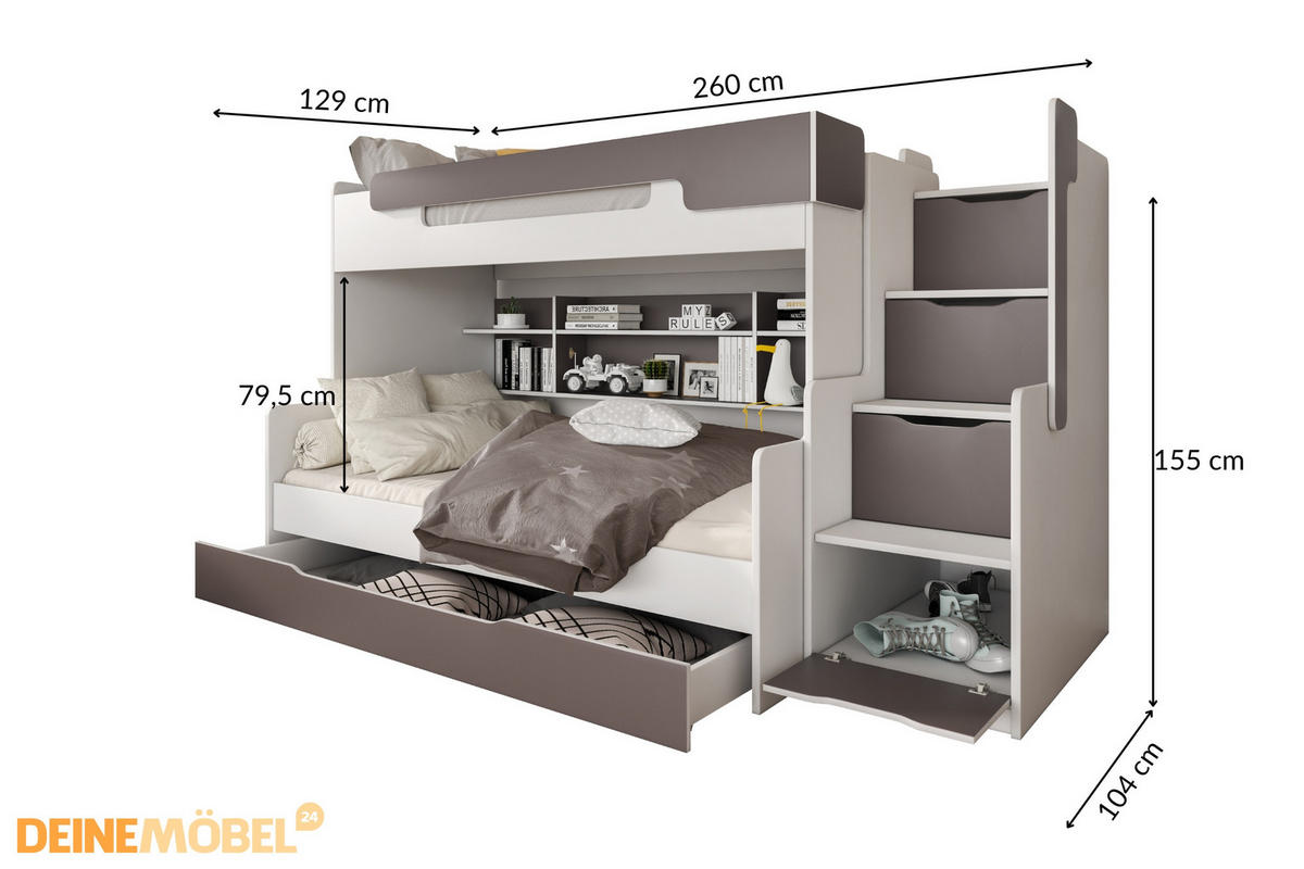 ETAGENBETT HARRY 90/200 + 120/200 in Weiß + Grau - Weiß/Grau, Holzwerkstoff - Deine Möbel 24