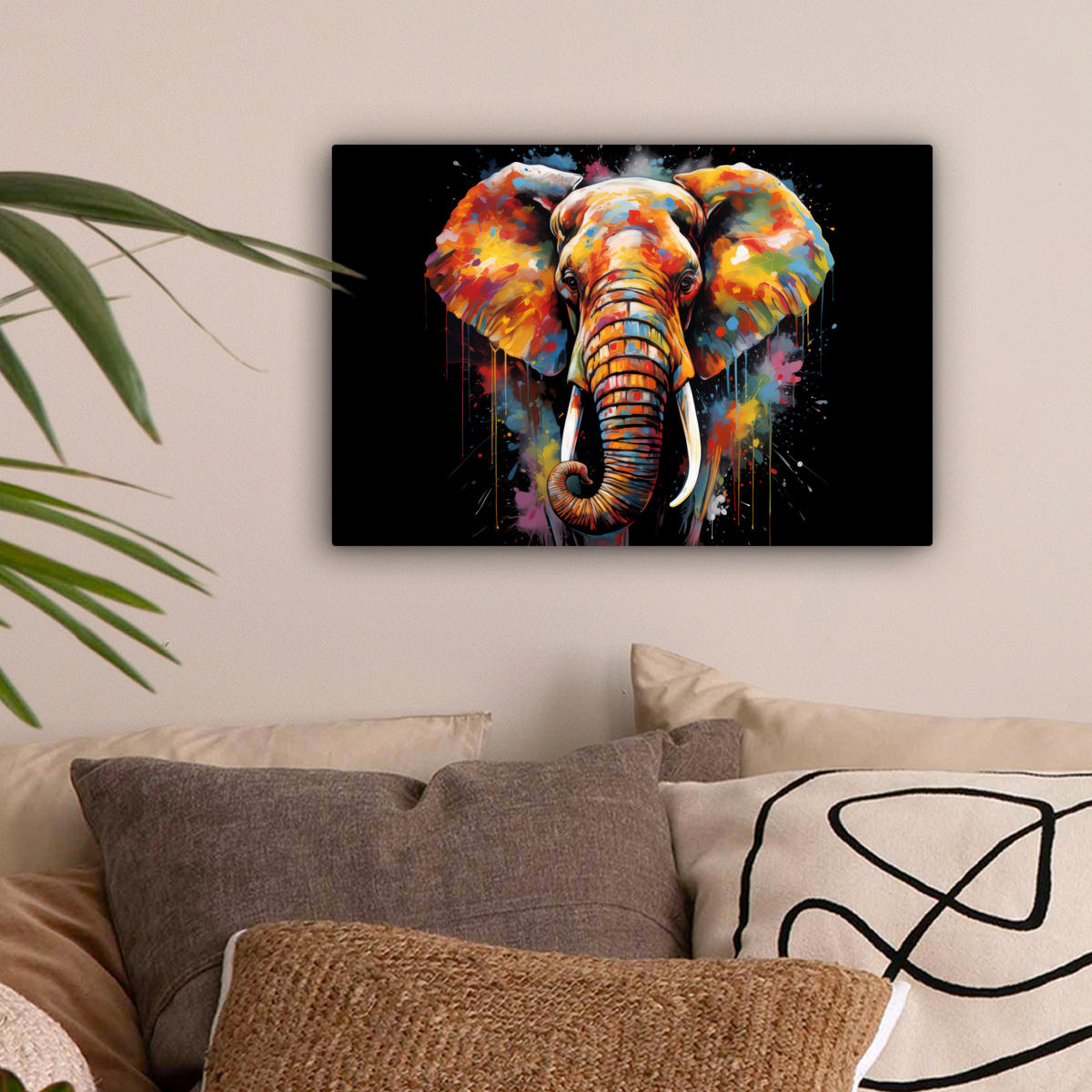 LEINWANDBILD Elefant - Graffiti - Schwarz - Tiere - Farben 30x20 cm - Schwarz, Textil (30/20cm) - MuchoWow
