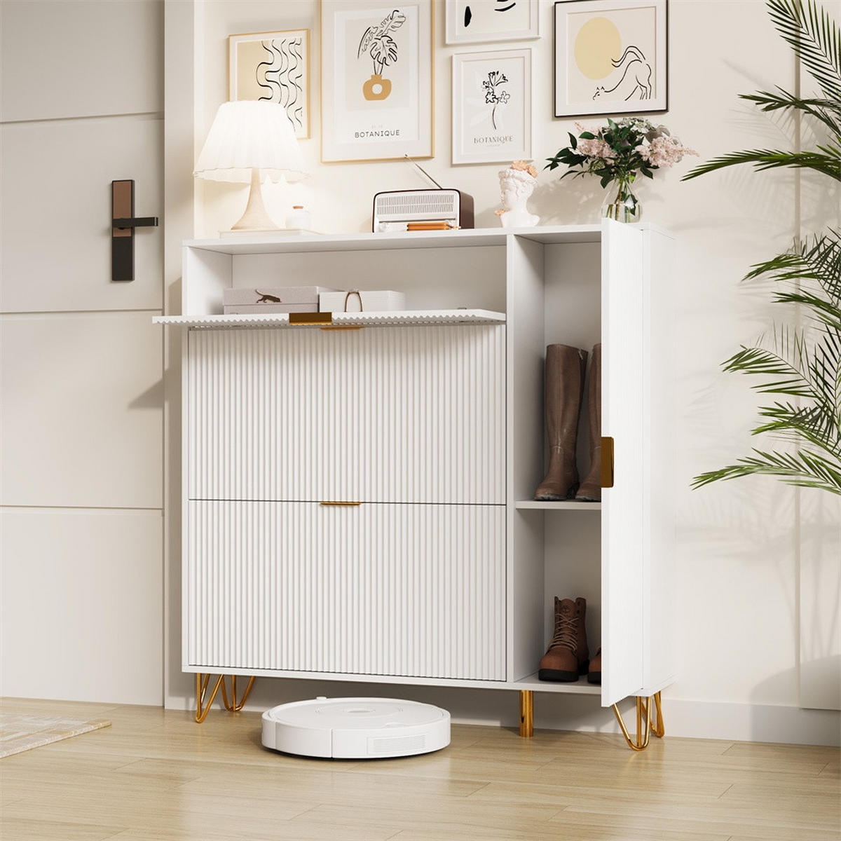 SCHUHSCHRANK im modernen Luxusdesign - Schuhkipper mit 2 Kippfächern und 1 Tür - Weiß und Gold - Weiß, Holzwerkstoff (24/118.5/110cm) - DELFA