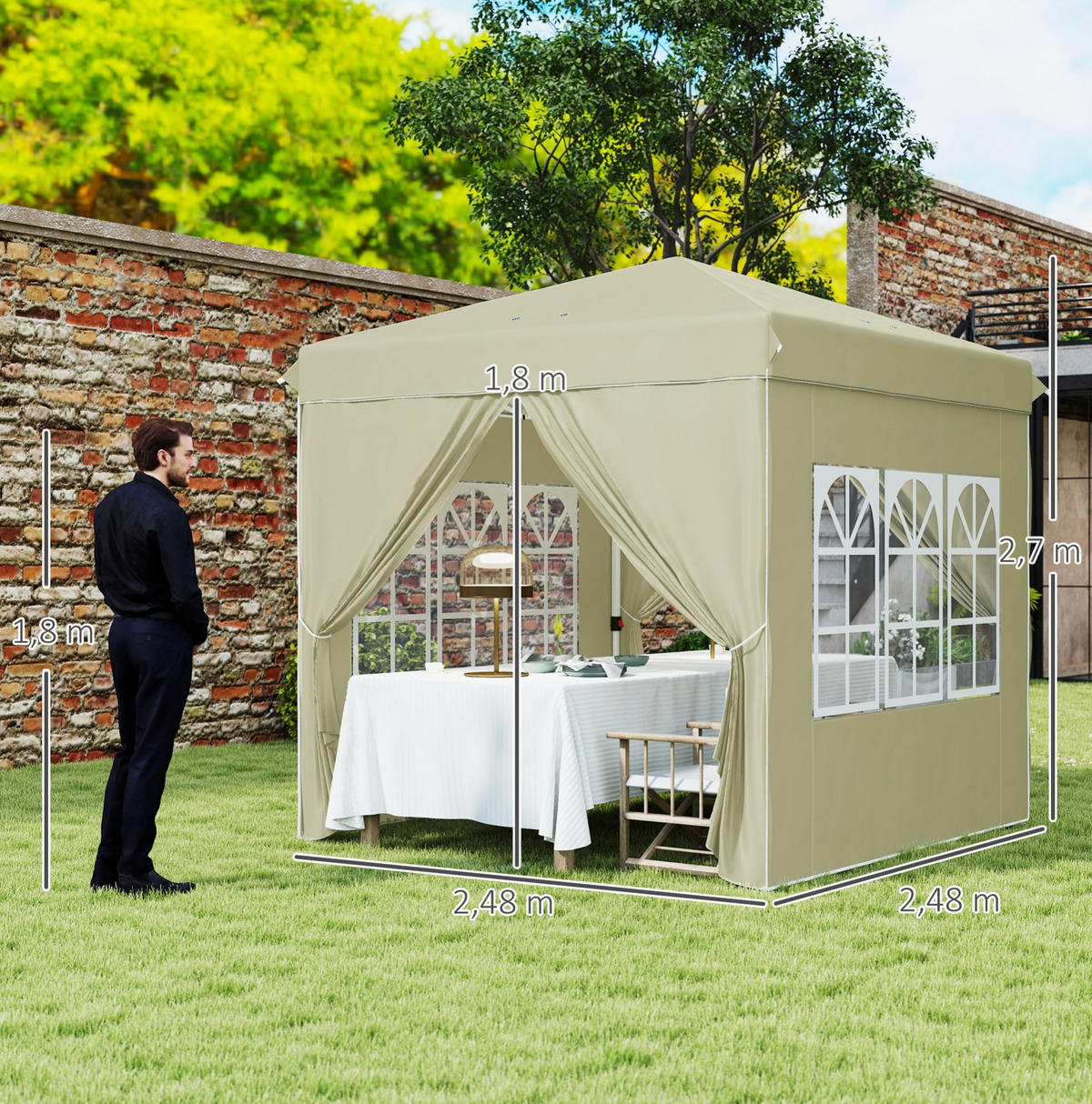 PAVILLON 248/248/270 cm mit Pop-up-Mechanismus, höhenverstellbar und UV-Schutz 50+, Cremeweiß - Beige, Textil (248/270/248cm) - Redom