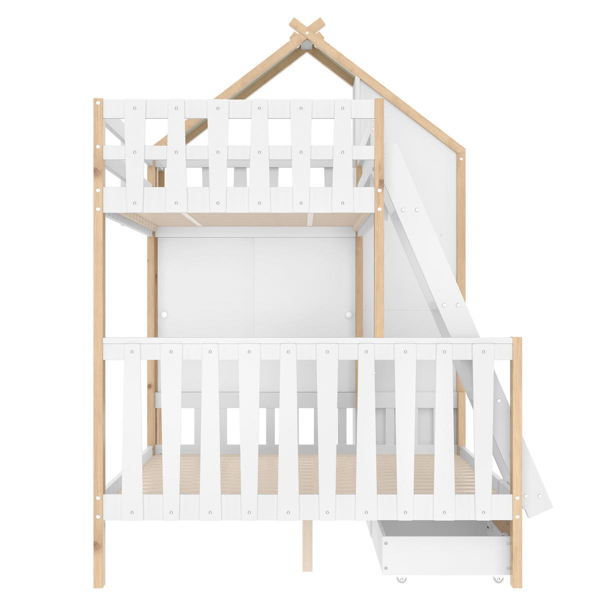 HAUSBETT 90/200 + 140/200 cm in Weiß/Natur mit Stauraum und Hausdach - Weiß, Holz (90/200cm) - BEAOK